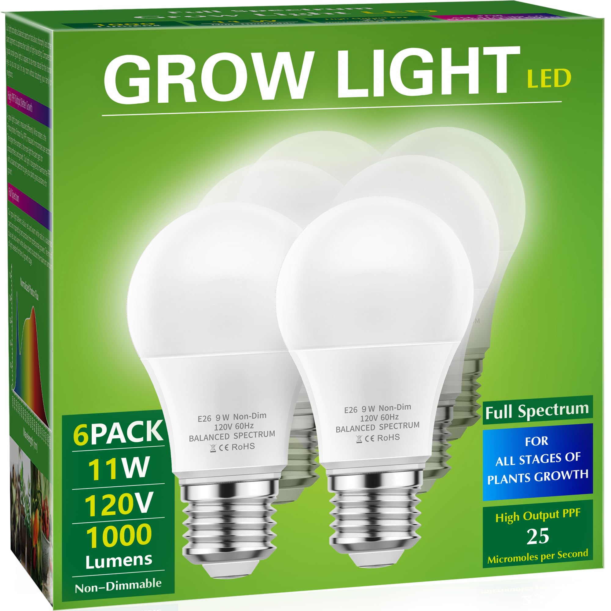 Briignite Full Spectrum LED Grow Light Bulbs, A19 Shape, E26 Base, 11W, 100W Equivalent, 6 Pack for Indoor Plants & Seed Starting
