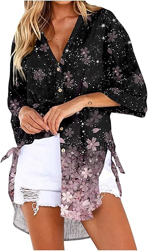 Ceboyel Camisa floral con botones para mujer, cuello en V, manga larga, blusa con cuello, moda casual, trajes de mujer 2023