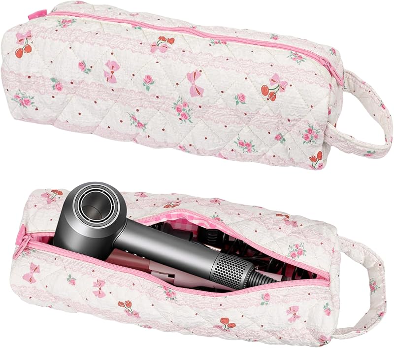 Estojo de viagem Canumer para ferramentas de cabelo, poliéster matelassê, estampa floral, Pink Cherry