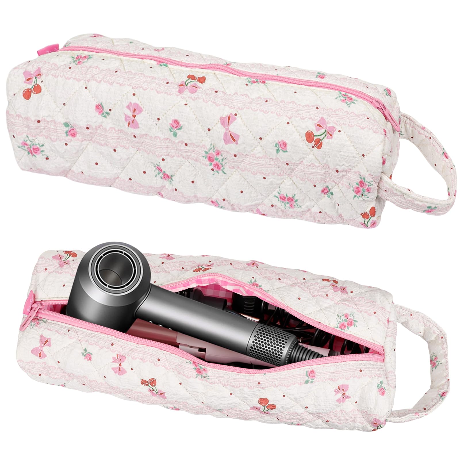 Hair Tools Organizer Bag with Cherry Pattern for Curling Irons, Flat Irons, Hair Dryers and Styling Tools, Portable Pink Travel Case, Haircare Accessories Travel Essentials(14" x 3.1" x 4.9")-image-7