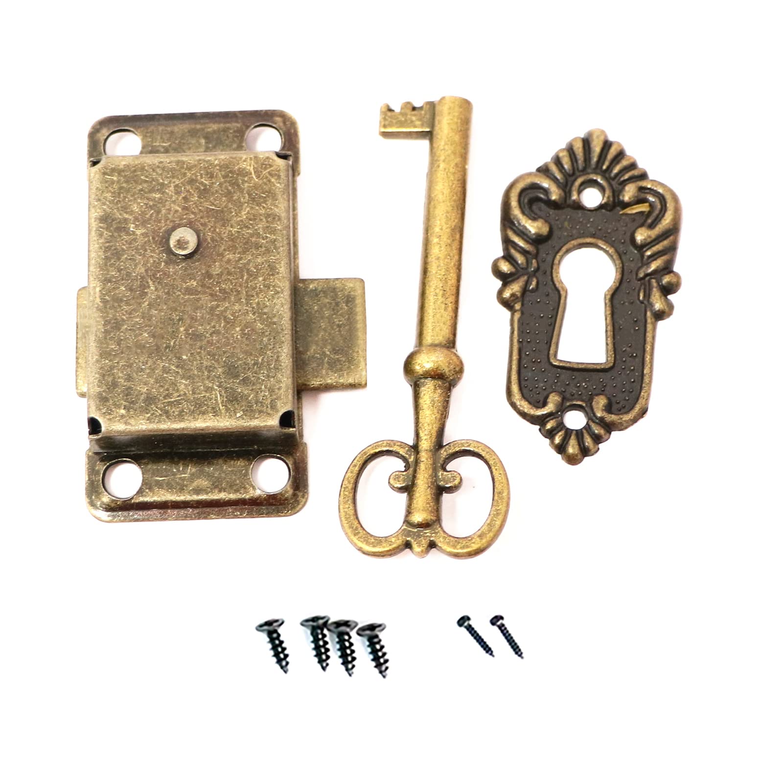 Kyuionty 2 Sets Skeleton Key Lock Decorative Antique Brass Cabinet Lock with Key for Chest Cupboard Furniture