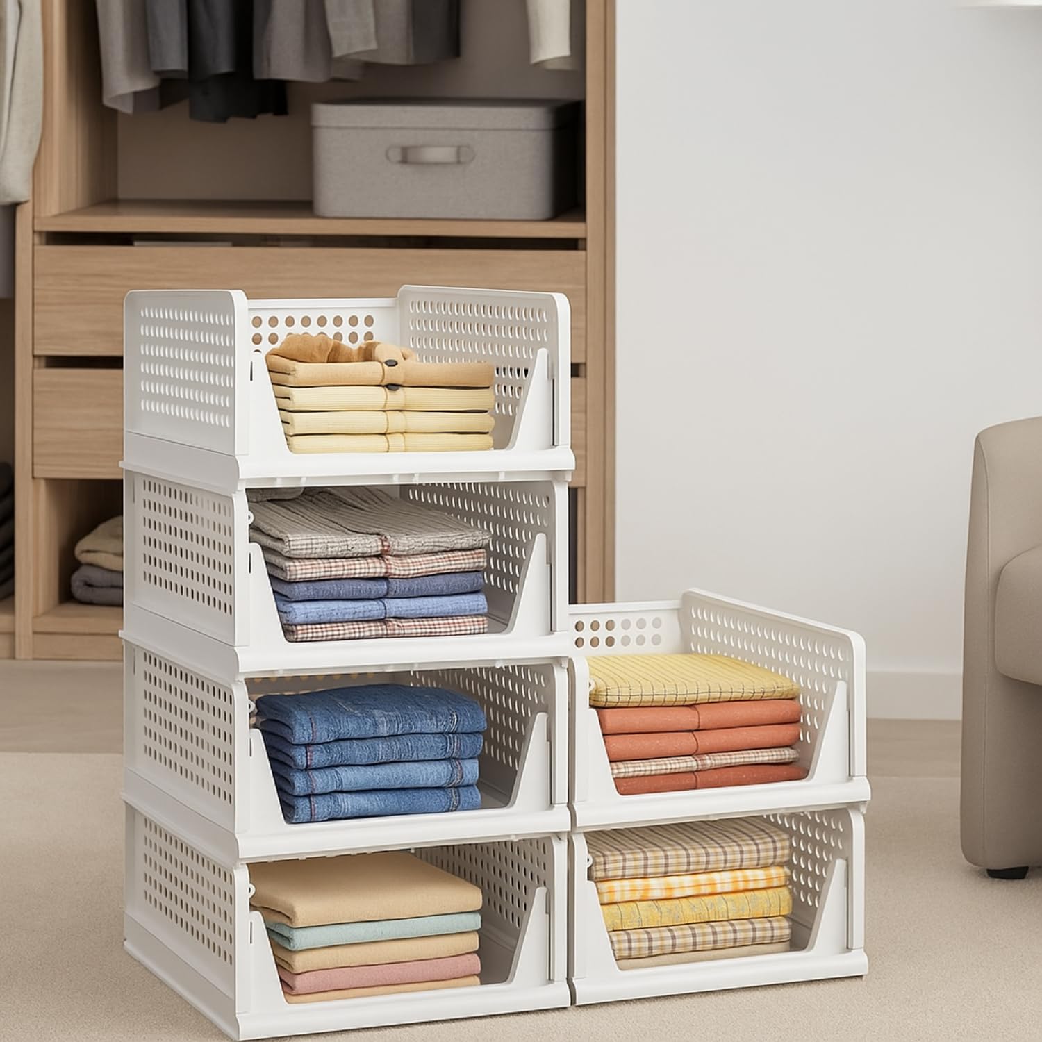 JD FRESH 6 Pieces Stackable Wardrobe Organizer for Storage/Foldable Cupboard Organiser for Clothes/Polypropylene Multipurpose Space Organiser Rack/Adjustable Sliding Drawer (White)