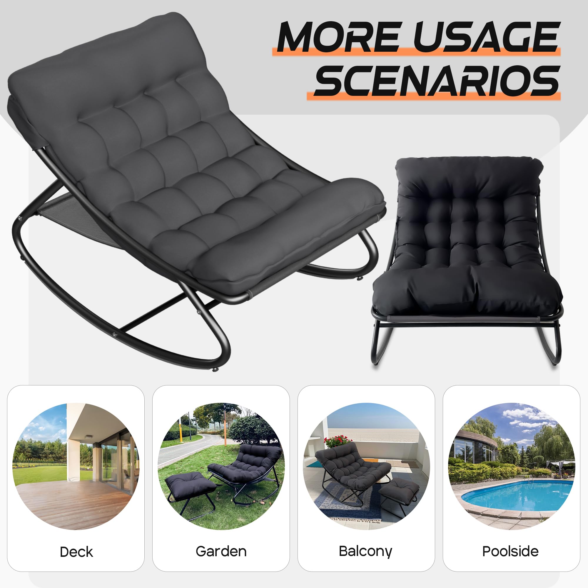 Schaukelstuhl für drinnen & draußen mit Kissen, XXL Schaukelsessel mit Hocker, Outdoor Lounge Sessel, Relaxsessel Relaxstuhl bis 150 kg Belastbar für Garten Balkon Wohnzimmer (Schwarz)