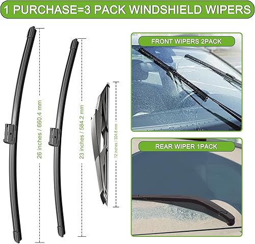 Miniatura 3 de PARRATI Limpiaparabrisas para ML350 2012-2015GLE350 2016-2017, 26 + 23 pulgadas delanteras y 12 pulgadas traseras, repuesto de equipo original,