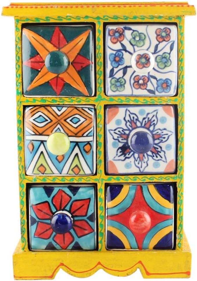 Indian Shelf 1 Piece Vocalforlocal Handmade Multicolor Wooden 6 Drawer Floral Pattern Spice Box Seasoning Masala Organizer Rack Jewellery Container