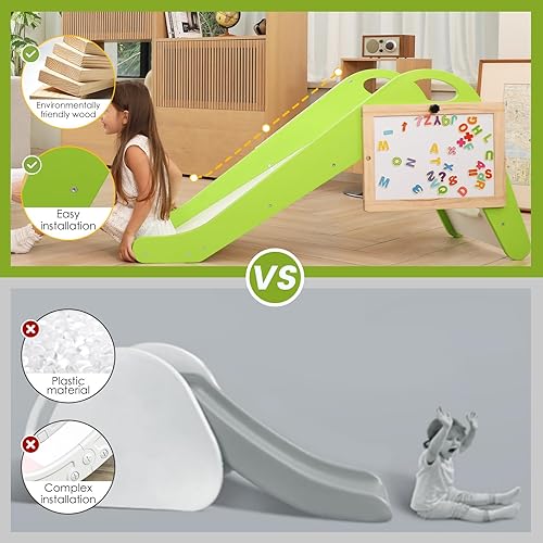 Miniatura 6 de Tobogán de madera 3 en 1 para niños (naranja) - Juego para niños pequeños al aire libre con pendiente de deslizamiento extendida, tablero magnético