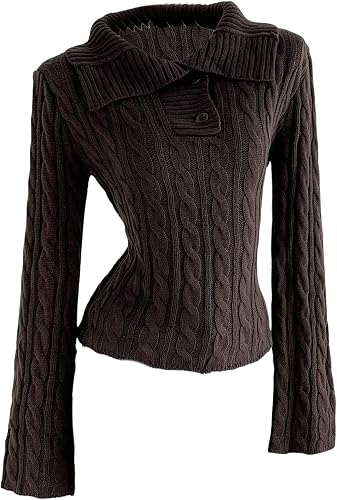 Verdusa Women's Cable Knit Tops Lightweight Sweaters Button Up Collared Pullover