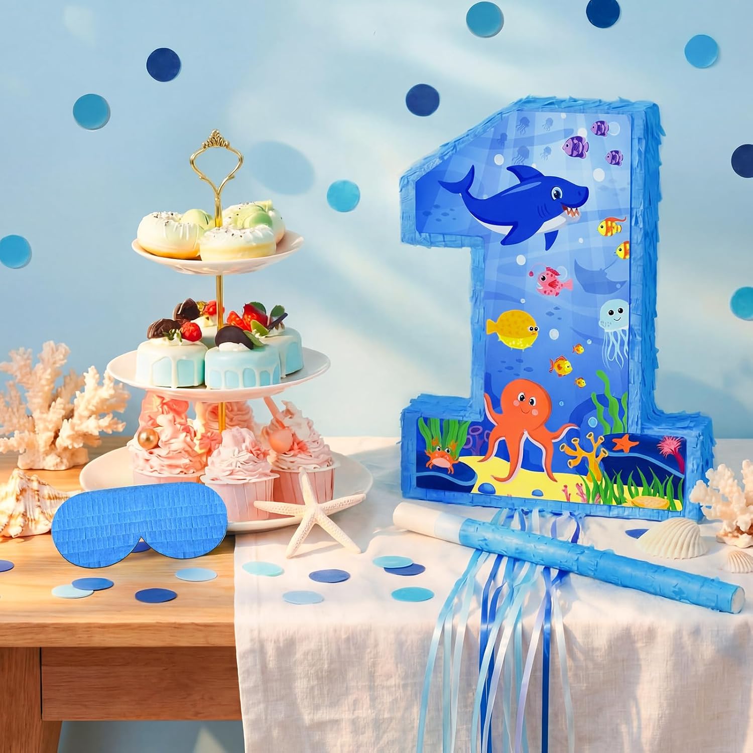 Ocean Themed 16 Inch Number 1 Piñata Set with Bat Blindfold Confetti, Blue Under The Sea Number 1 Piñata Birthday Party Decorations Hawaii Beach 1st Anniversary Celebration Supplies