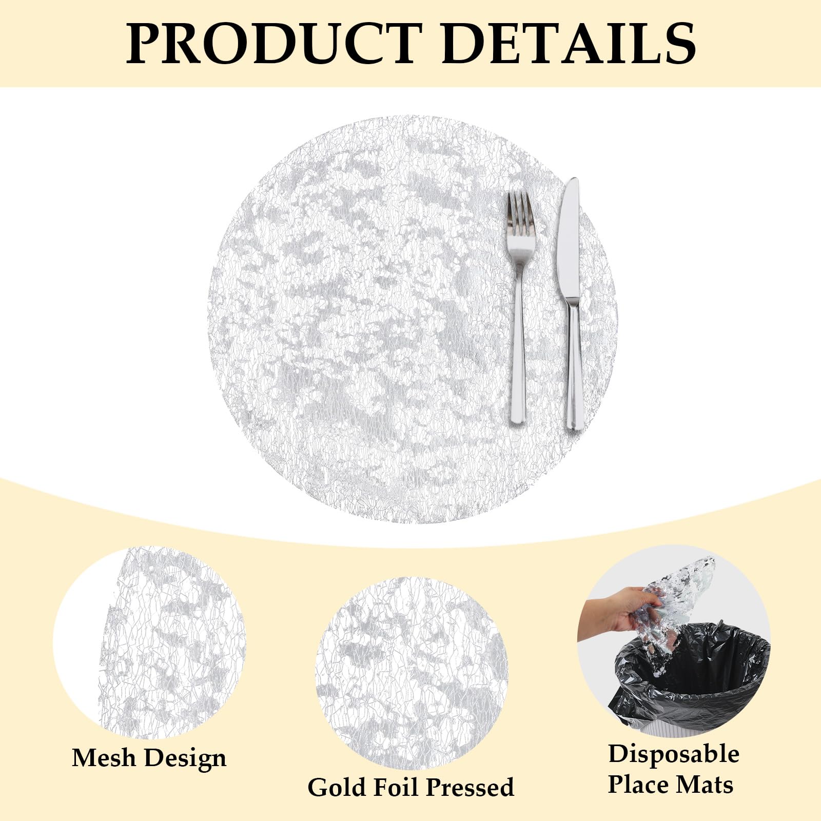 Rotonde Tovagliette Usa e Getta,Set di 50 Tovaglietta in Rete Pressata PVC 33cm,per Tavolo da Cucina Natale e Feste Decor(Argento)