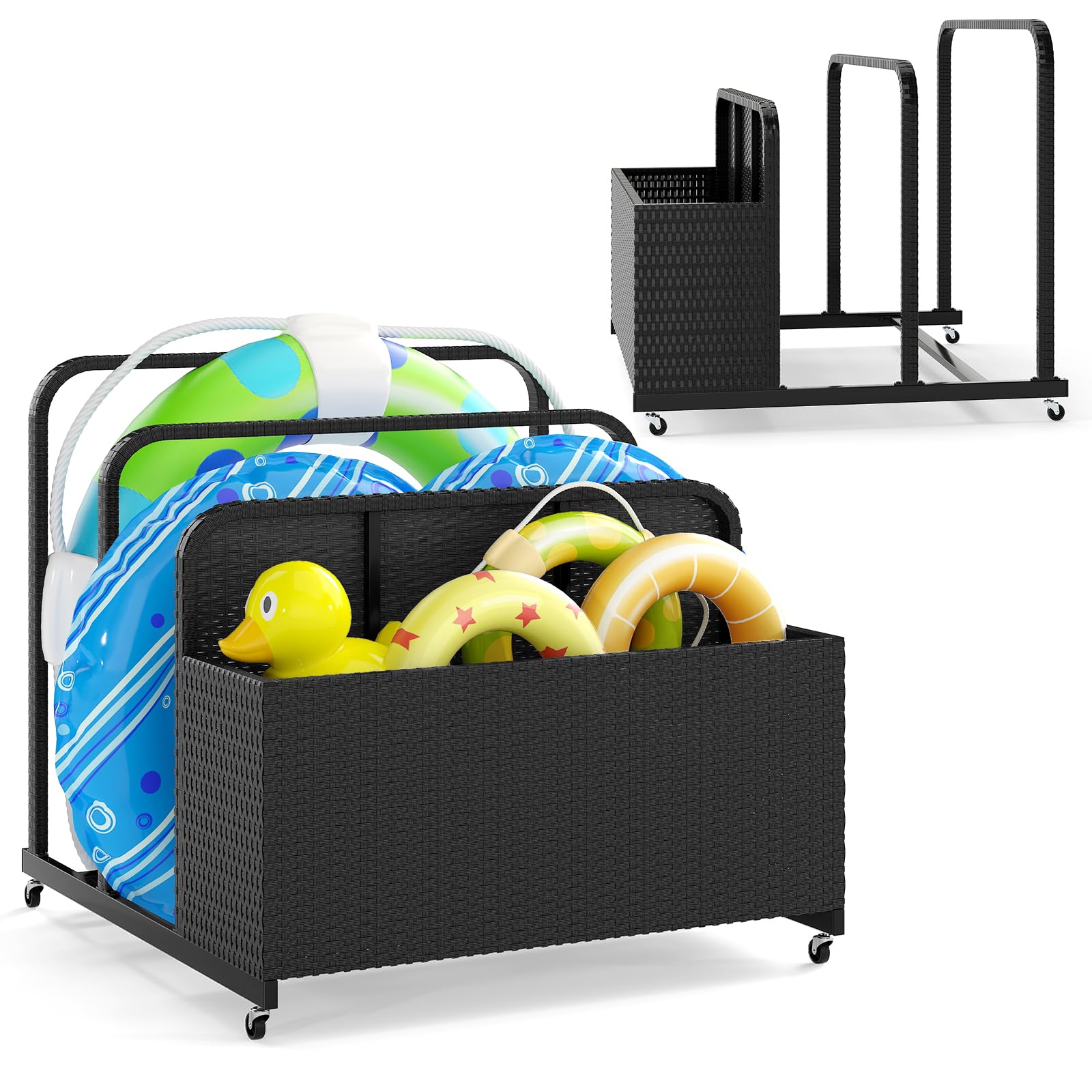 HOMASIS Baul Almacenaje de Exterior con 2 Toalleros, Contenedor de Almacenamiento para Flotadores de Piscina, Baúl Impermeable de Ratán para Patio Jardin Terraza (Negro)