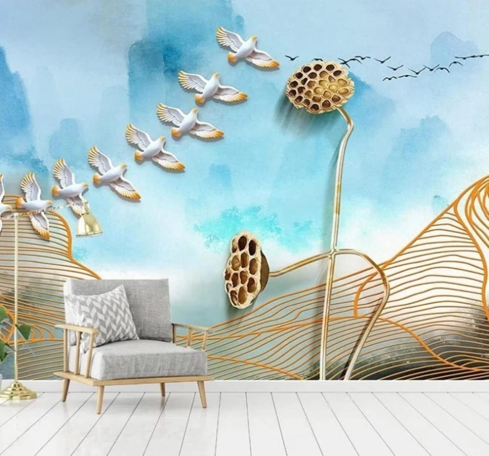 XLMING Abstract Watercolour Gold Thread Birds in Flight Lotus Root 3D Wallpaper Luxury Silk Study Dining Feature Sofa Grey Bedroom Living Room Tv Decorative Wall-430cm×300cm