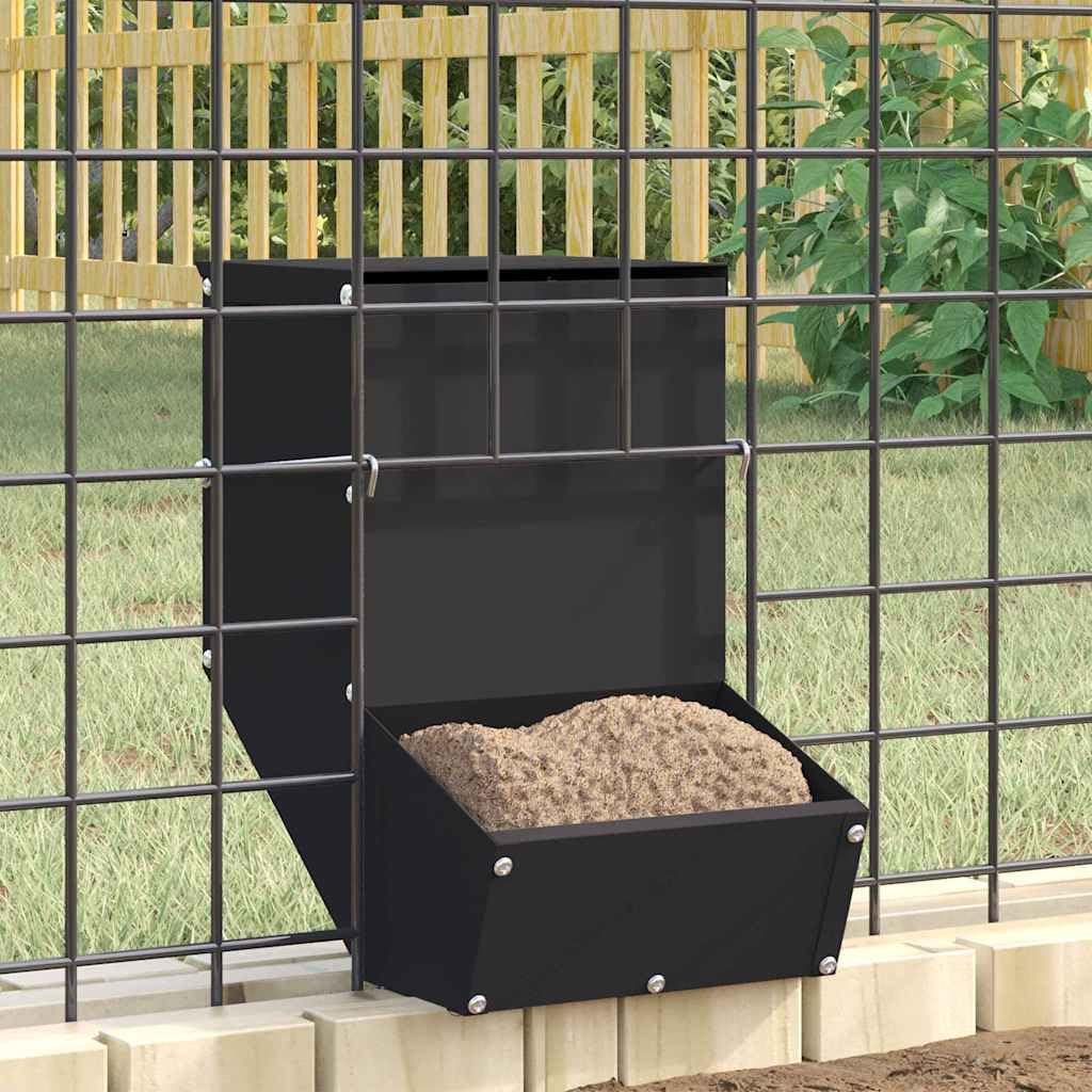 Comedero para conejos negro de acero laminado en frío, 17,5 x 26 x 28,5 cm, capacidad de 1,5 kg, montaje en pared para interior y exterior, dispensador de comida para porciones y dosificación