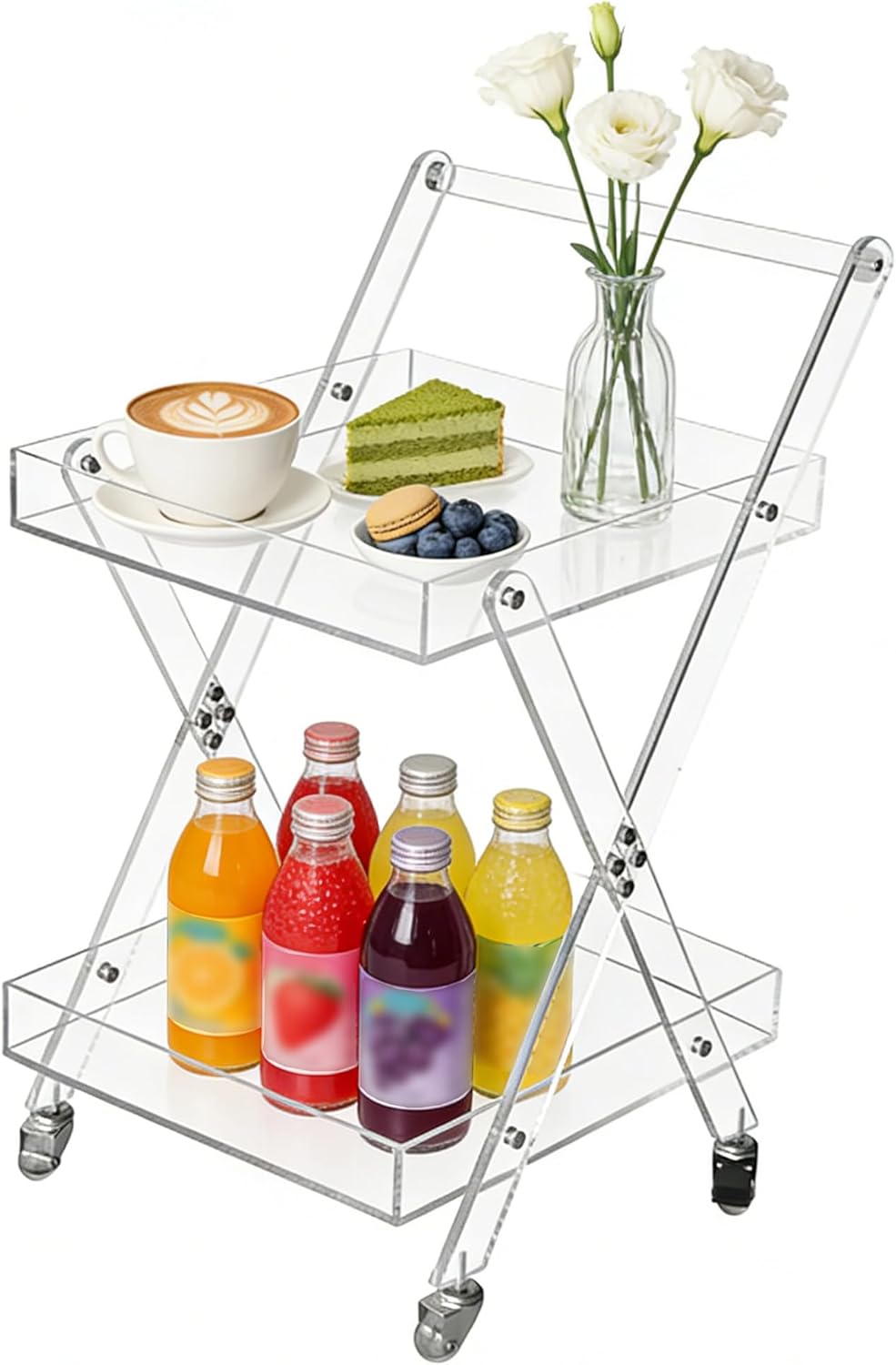 2-Tier Rolling Cart Storage Organizer, Acrylic Utility Cart with Wheels and Handle, for Kitchen, Bathroom, Balcony, Office