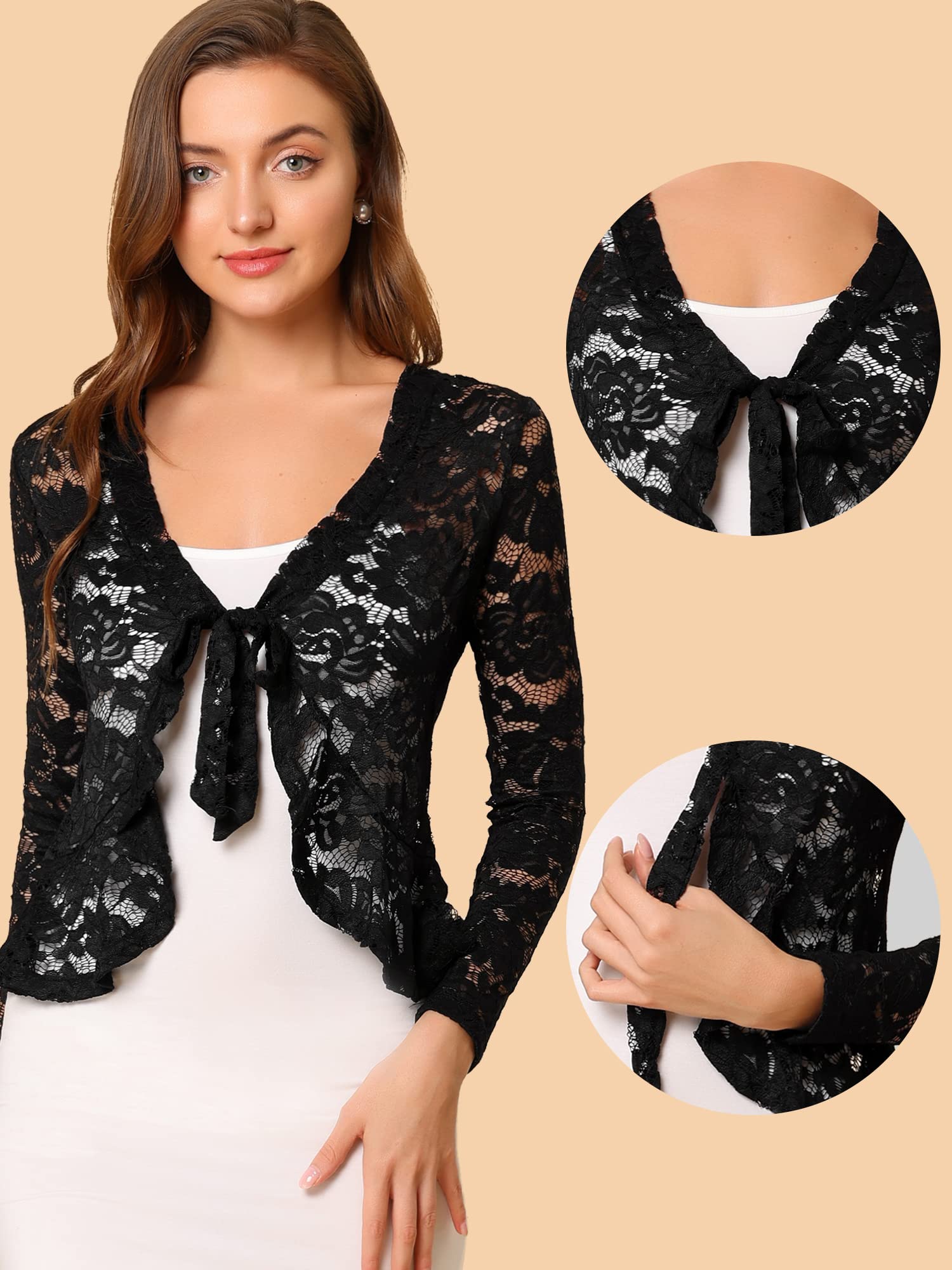 Allegra K Damen Spitzenbolero Langarm Bolero Durchsichtig Rüschensaum Crop Blumen Shrug