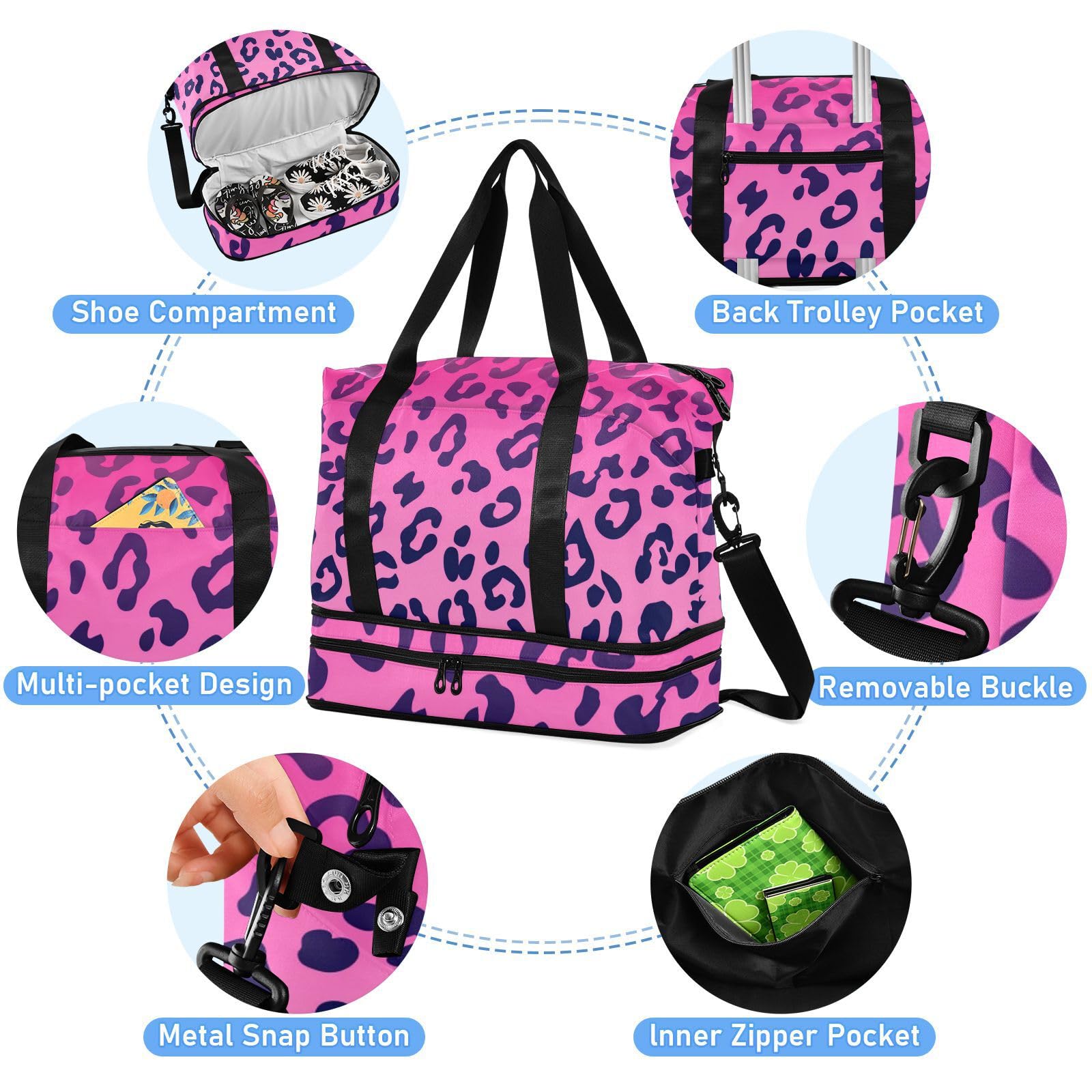 Bolsa de mano con estampado de leopardo rosa rosa con bolsillo para mojado y correa ajustable, bolsa de entrenamiento para yoga, impermeable, para hombres y mujeres