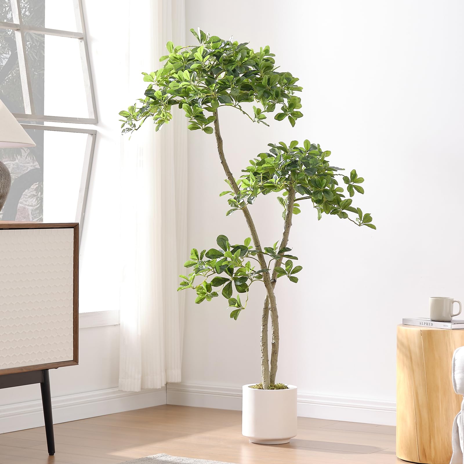 5ft tall artificial black olive tree with 945 lifelike leaves, tall fake plants, artificial olive tree indoors in white pots, faux olive tree with 2 poles for living room office garden decor