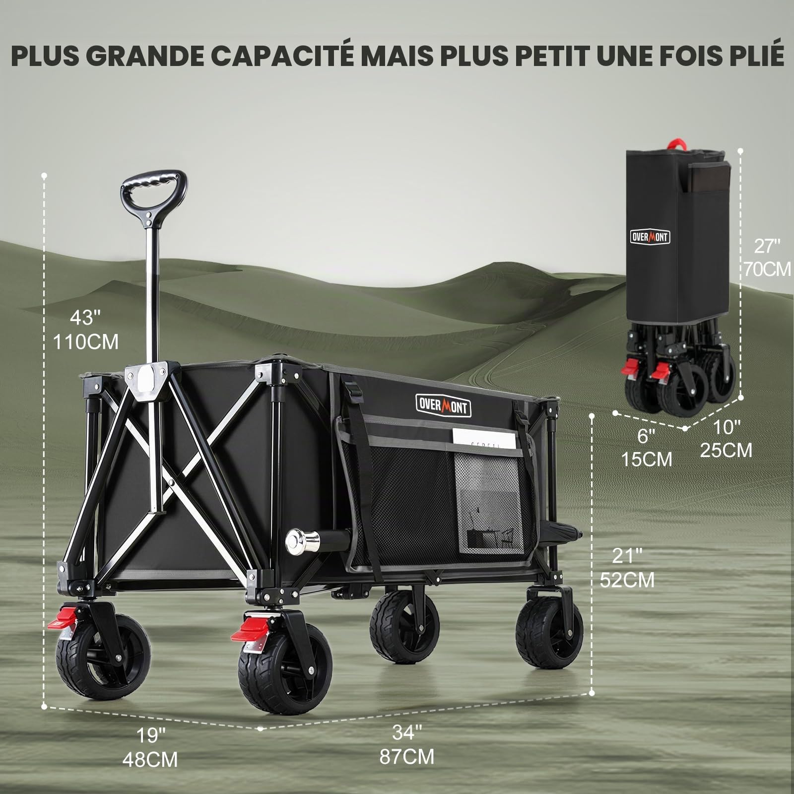 Overmont Chariot à Main Pliable avec Frein de Roue Avant Amovible - Roues Larges - Poche latérale - Porte-gobelet - Poignée réglable - Capacité : 150 I - Capacité de Charge jusqu'à 120 kg