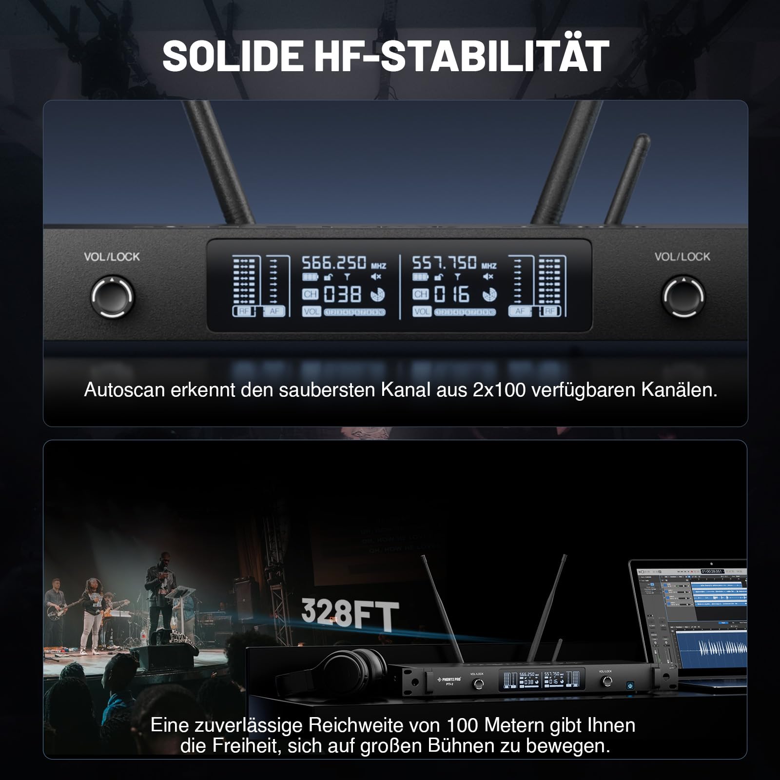 Phenyx Pro Dual UHF Auto Scan Talkback Funkmikrofon-System PTI-2-2H