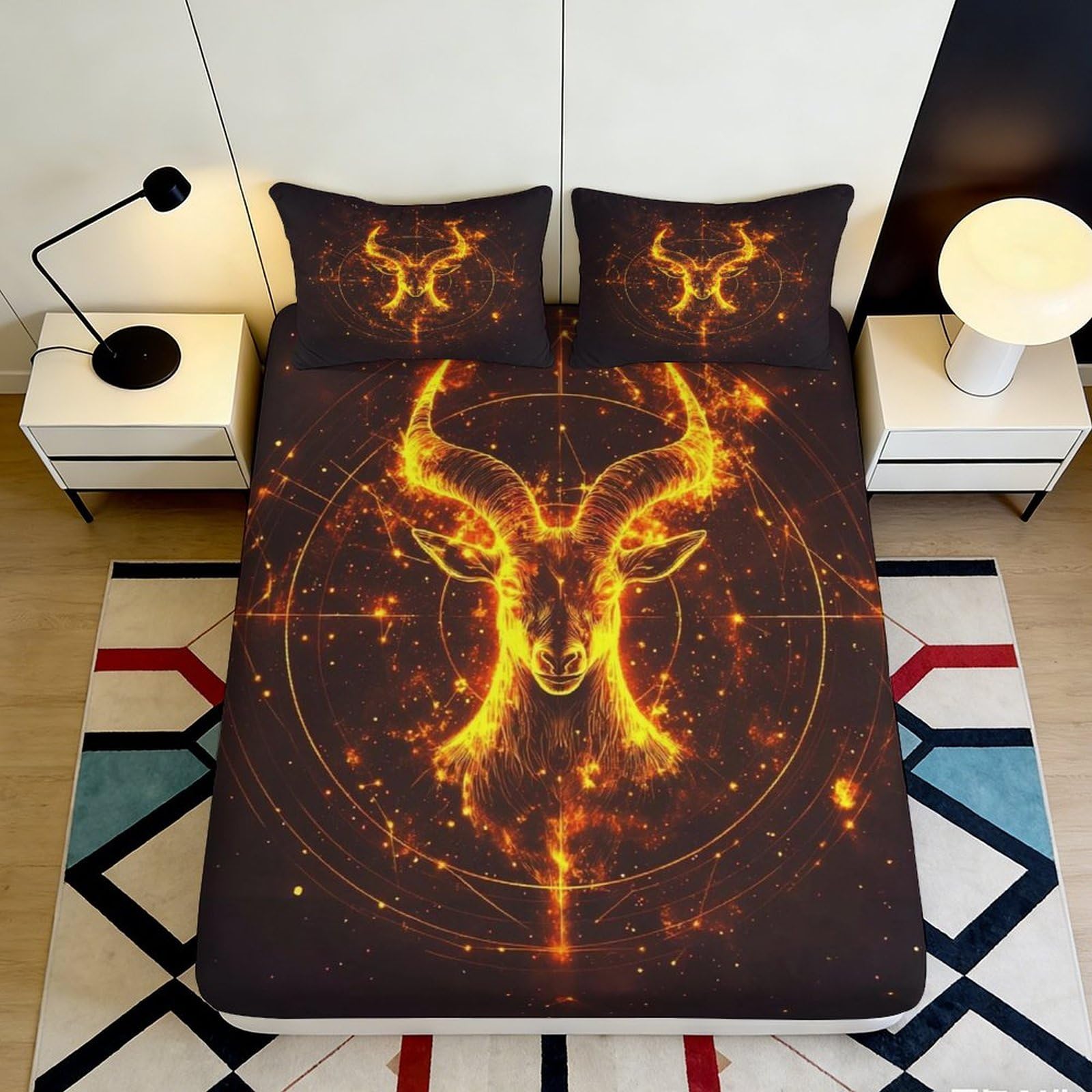 Pnayamiorkfel Style-1 3D Printed Fire Ram Fitted Sheet Microfiber Soft Anti-Slip Cosmic Constellation Mattress Cover For Bedroom Dorm Decor 90X200x25cm