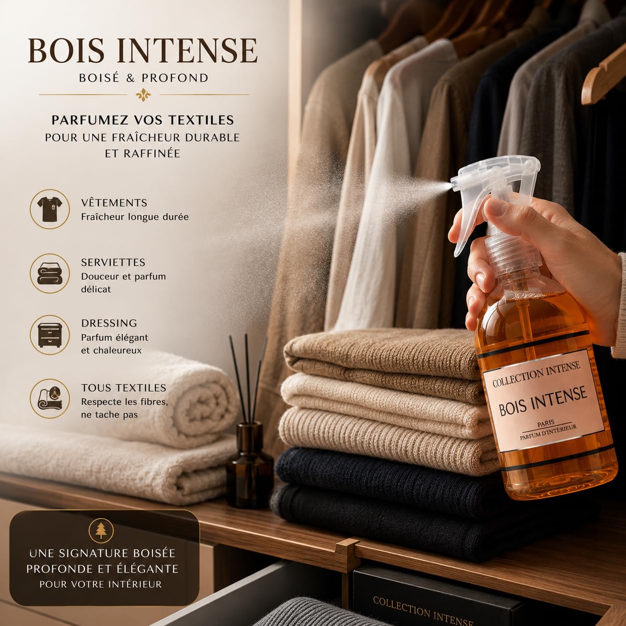 Désodorisant Maison et Spray Textile, 250ml, Lot de 2, Collection Intense, Longue Tenue, pour Linge, Canapé, Rideaux, Draps, Dressing et Voiture (Bois Intense x2)