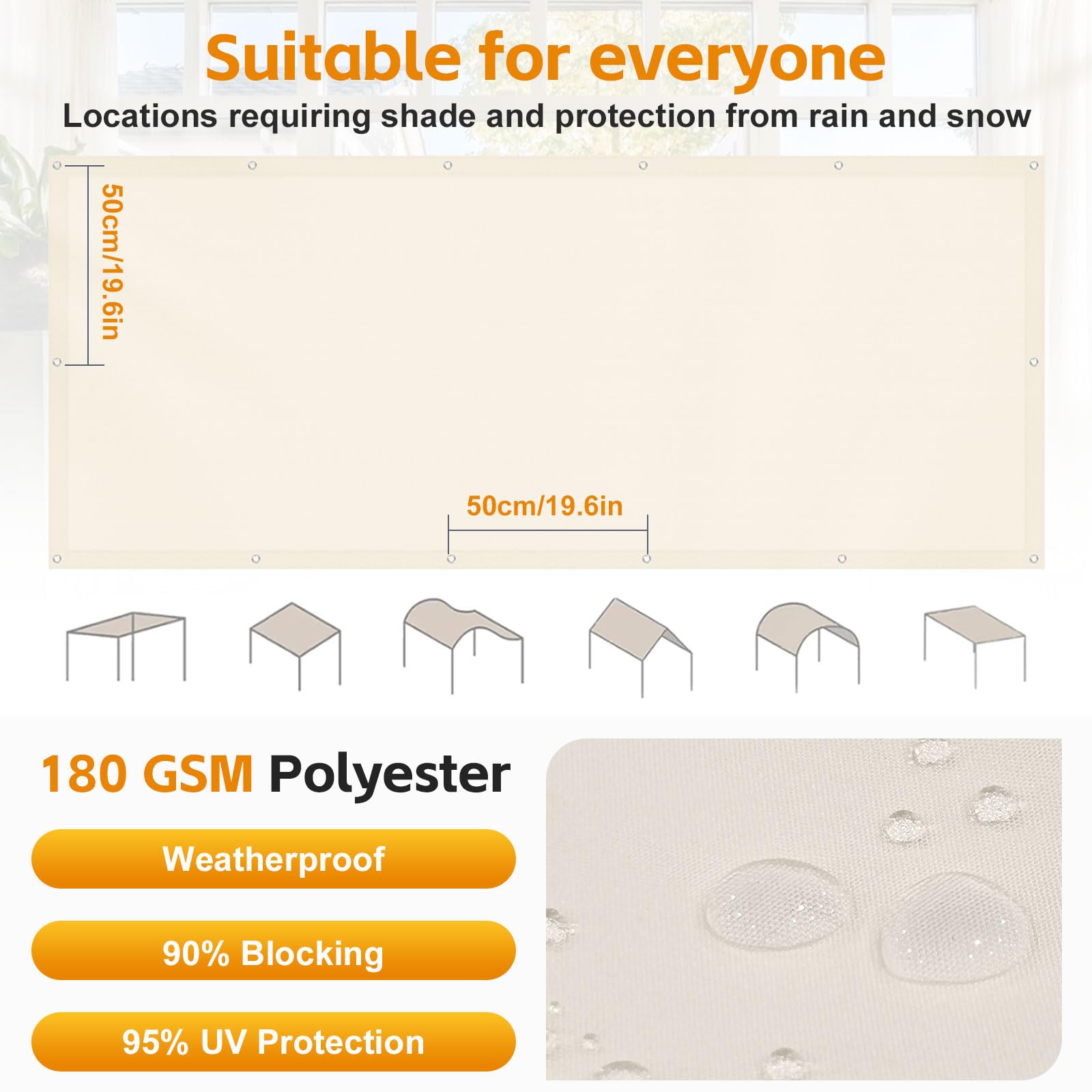 Voile d'ombrage imperméable avec cordes et sangles (3 x 4 m, Blanc)