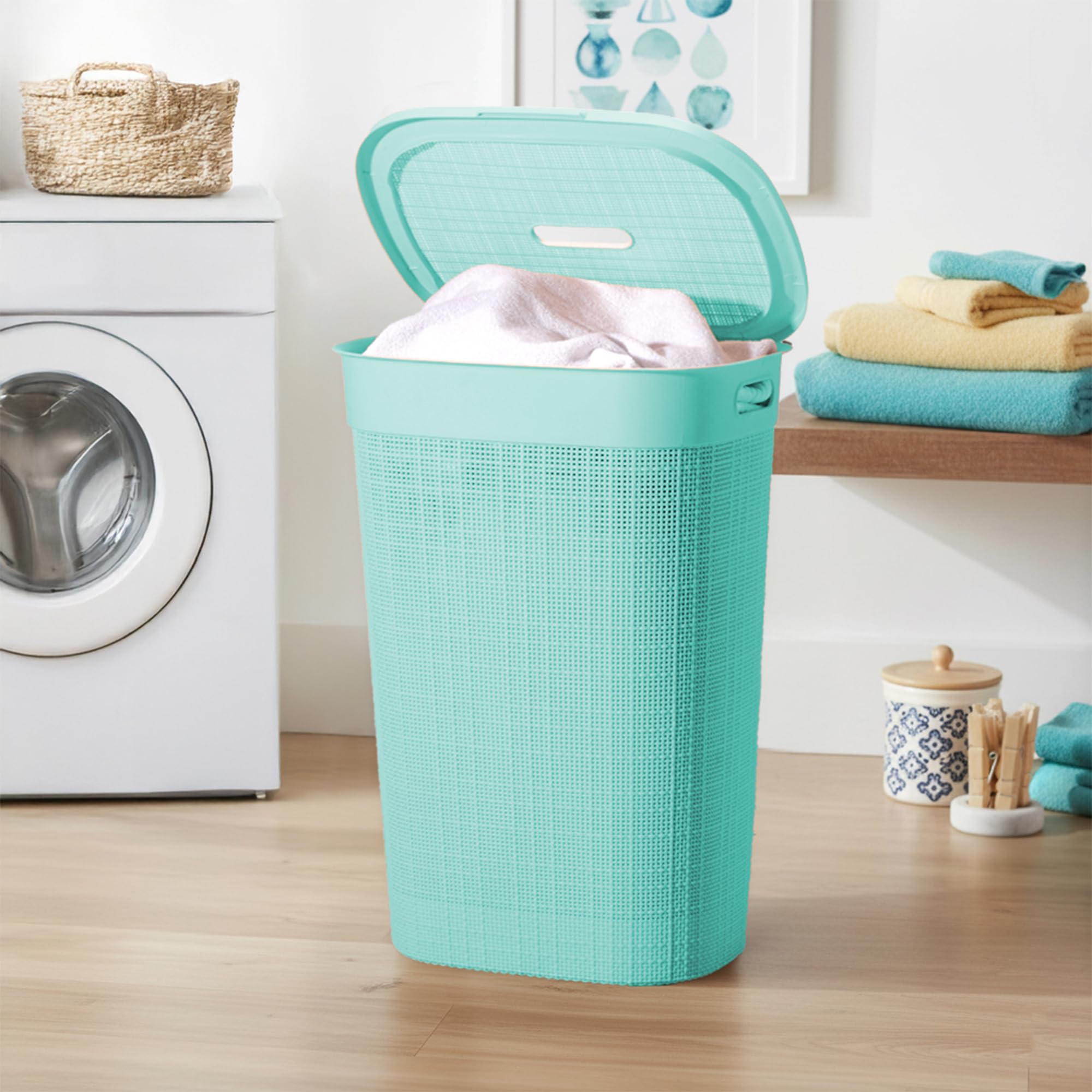 Kuber Industries Multipurpose Plastic Laundry Basket/Bin/Hamper|Durable Plastic & Woven Design|Storage Organizer With Lid,Size 44 x 44 x 60 CM, Capicity 55 Ltr. (Brown)-46HH0455