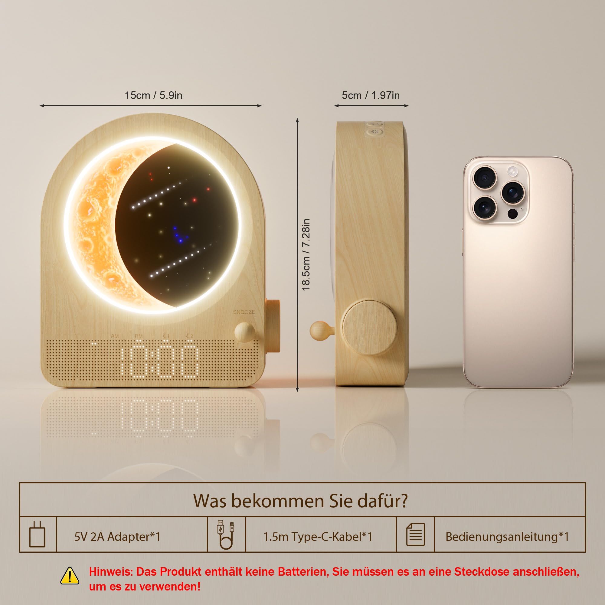blonbar Wecker & Mondlampe kombinieren,3 Stufige Helligkeit Nachtlicht Nachttischlampe mit Tageslicht, Lichtwecker,Wake-up Light, 10 natürliche Klänge,Dimmbarem Nachtlicht,Ideal für Schlafzimmer