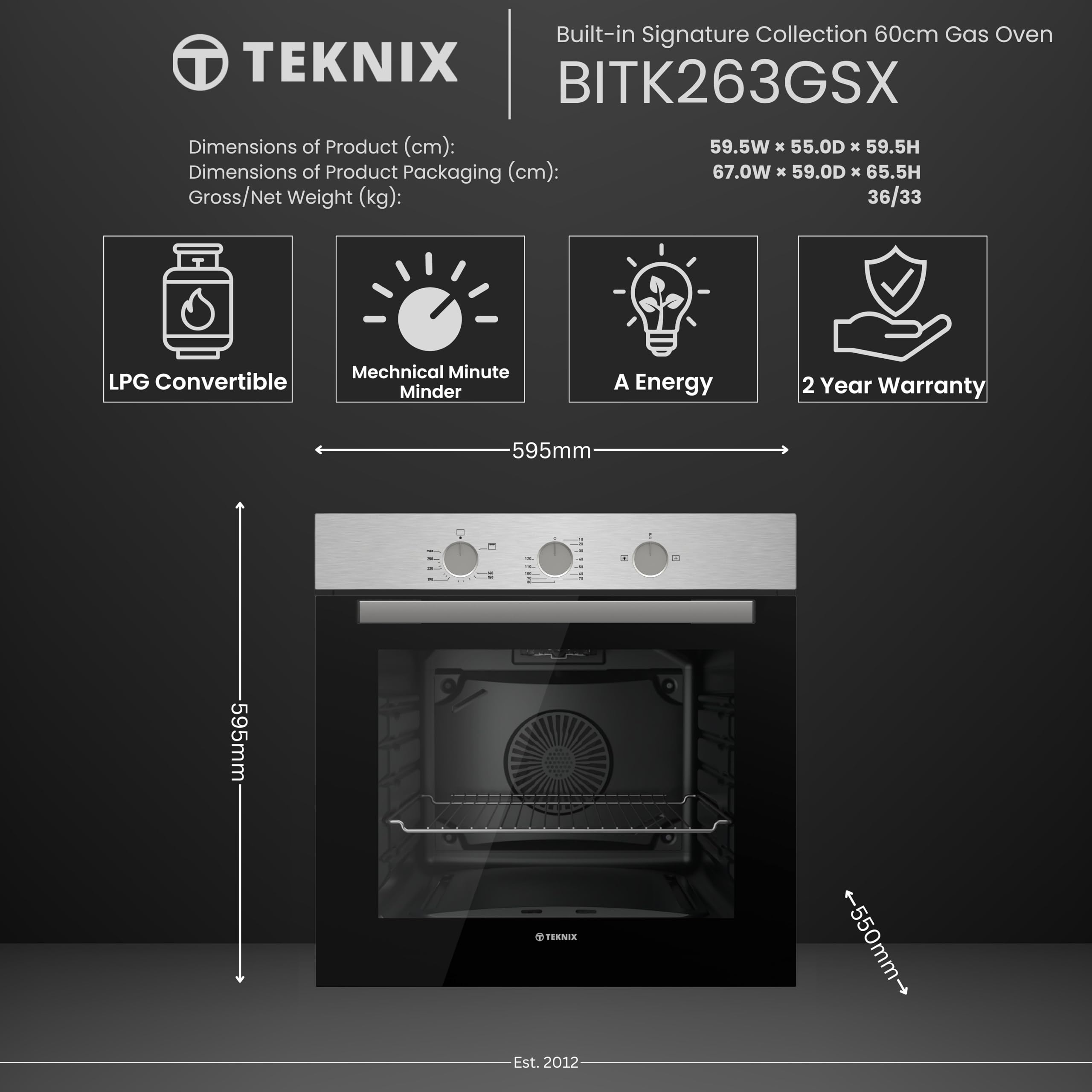 Teknix BITK263GSX Four Intégré Gaz 60cm - Intégré avec une capacité de 63L - GPL Convertible - Minute Minder Mécanique - Double vitrage - Acier inoxydable, L59,5 x H59,5 x P55,0 cm