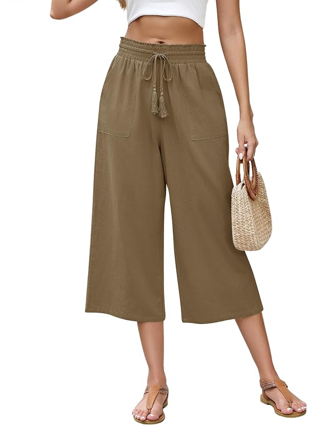 LOMON Womens Linen Capri Pants Wide Leg with Drawstring Elastic Waist Casual Cropped Pant