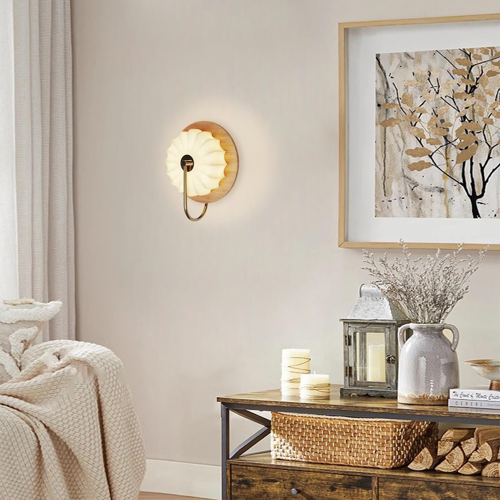 Applique da Parete Rustica in Legno con Paralume in Tessuto, Luce LED da 18W con 3 modalità di Temperatura.