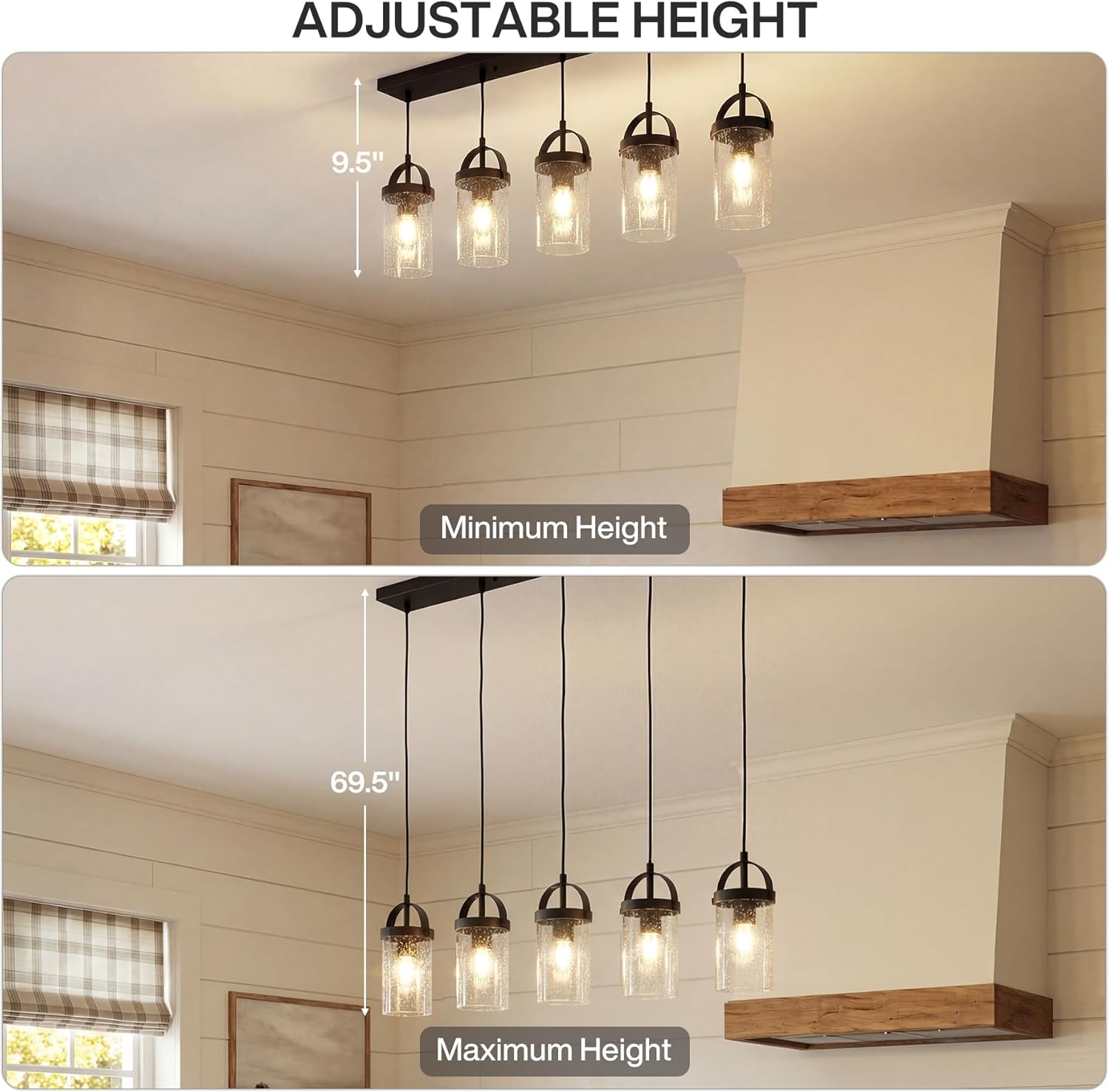 Tribesigns 5-Light Black Linear Chandelier, Farmhouse Kitchen Island Lighting with Seeded Glass Shades for Dining Room, Adjustable Height, E26 Socket