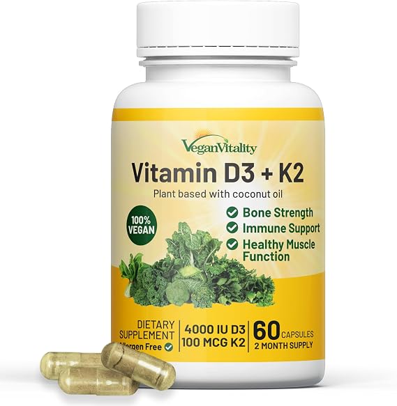 Vegan Vitality Vitamin D3 K2 4000IU (100mcg) with Coconut Oil, 100% Plant Based Vegan Vitamin D for Vegan and Vegetarian - 60 Capsules