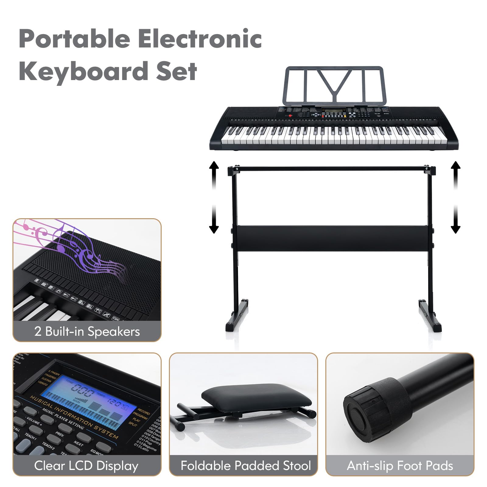 KOMFOTTEU Piano Digital de 61 Teclas, Teclado Electrónico con Soporte y Taburete, Piano Electrónico con Micrófono y Auriculares, 600 Tonos y 400 Ritmos, 50 Canciones Demo