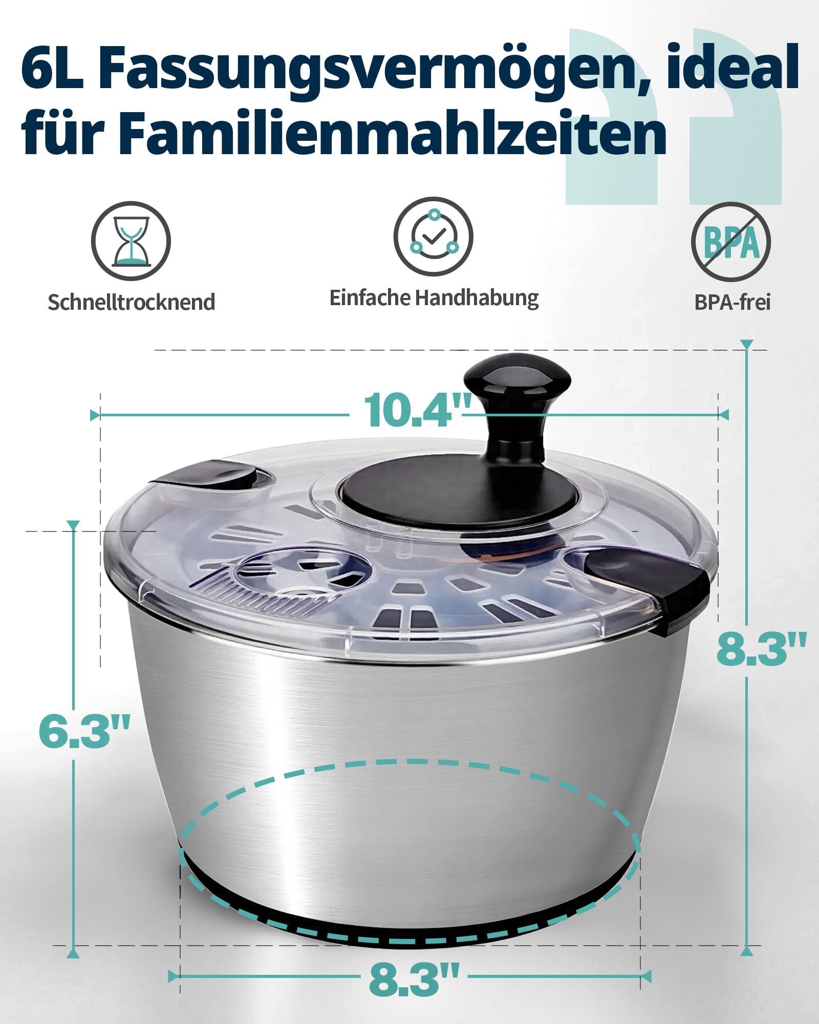 Salatschleuder Edelstahl 18/10 mit Kurbelantrieb, 6L große Salatschüssel mit Deckel, rutschfest & spülmaschinengeeignet – Salad Spinner für Salat, Gemüse, Obst