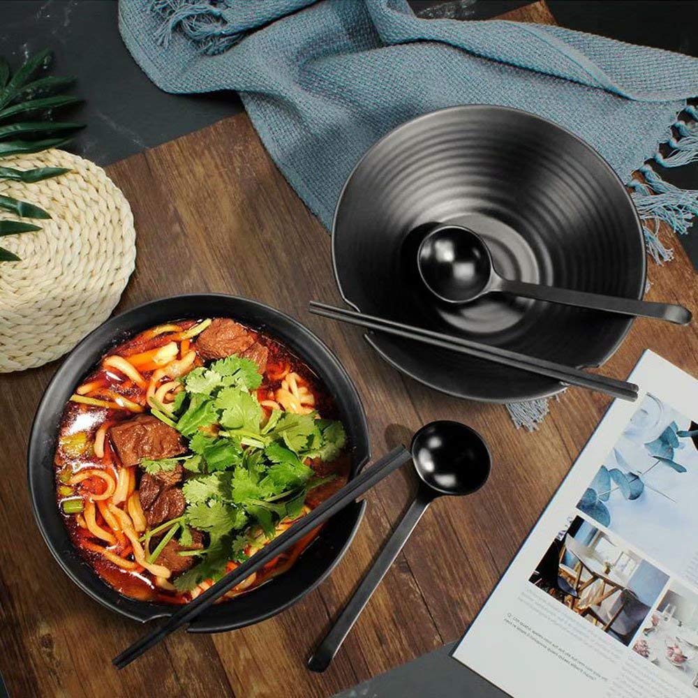2 juegos (6 piezas) de tazones de sopa de fideos japoneses, 35 onzas/1000ml tazones de ramen, vajilla de apta para lavavajillas con cuchara y palillos a juego, negro
