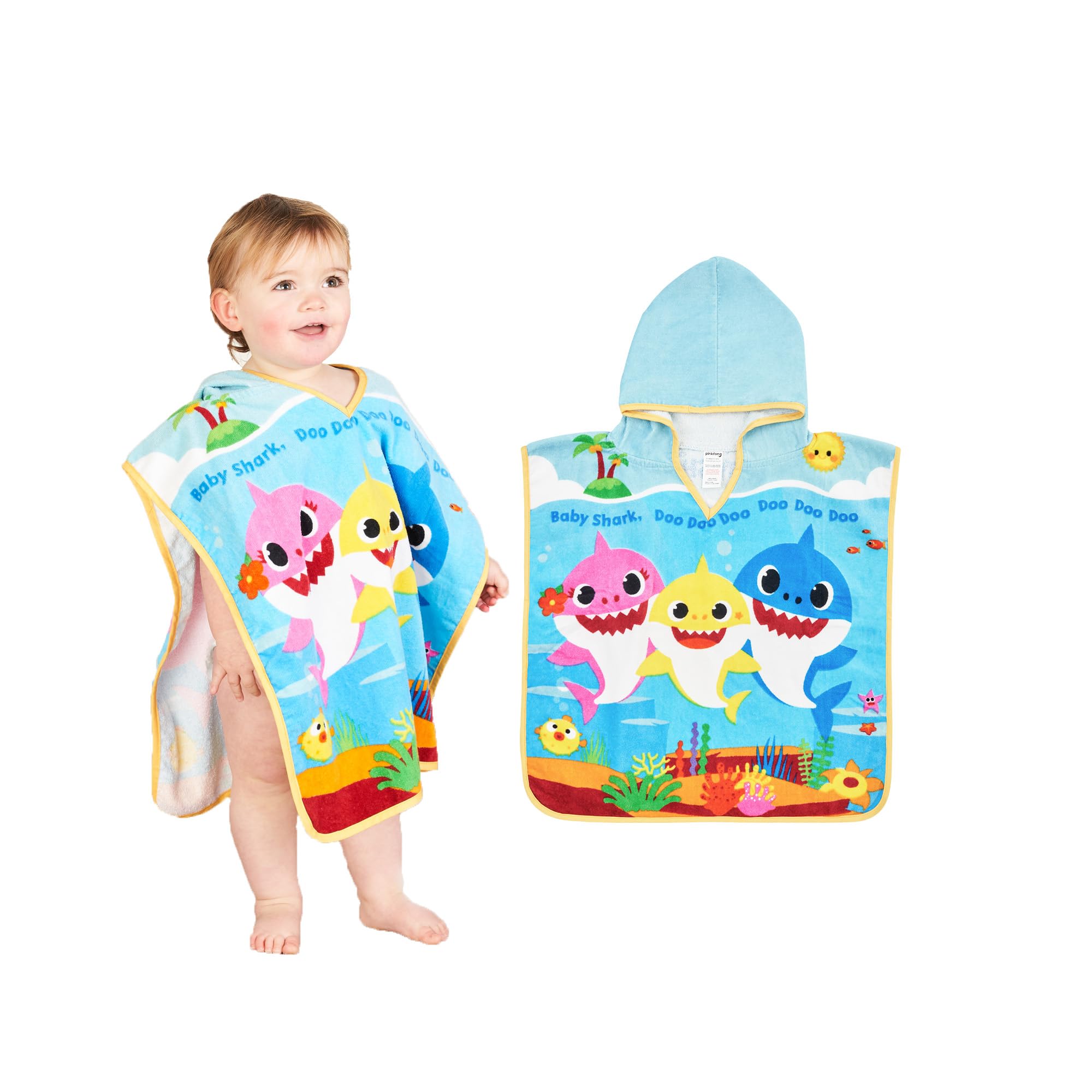 Boys Girls Baby Shark Blue Hooded Beach Bath Towel Wrap Poncho