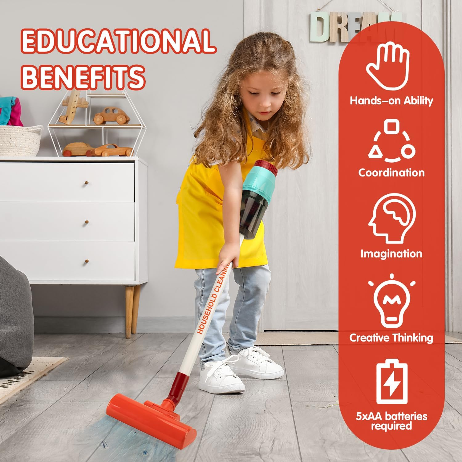CAPAKIDS Kids Vacuum Cleaning Toy Set, Kids Vacuum That Really Works with Real Suction Light & Sounds Effects, Durable Toy Vacuum Toddler Cleaning Set as Gifts for Children Age 3+