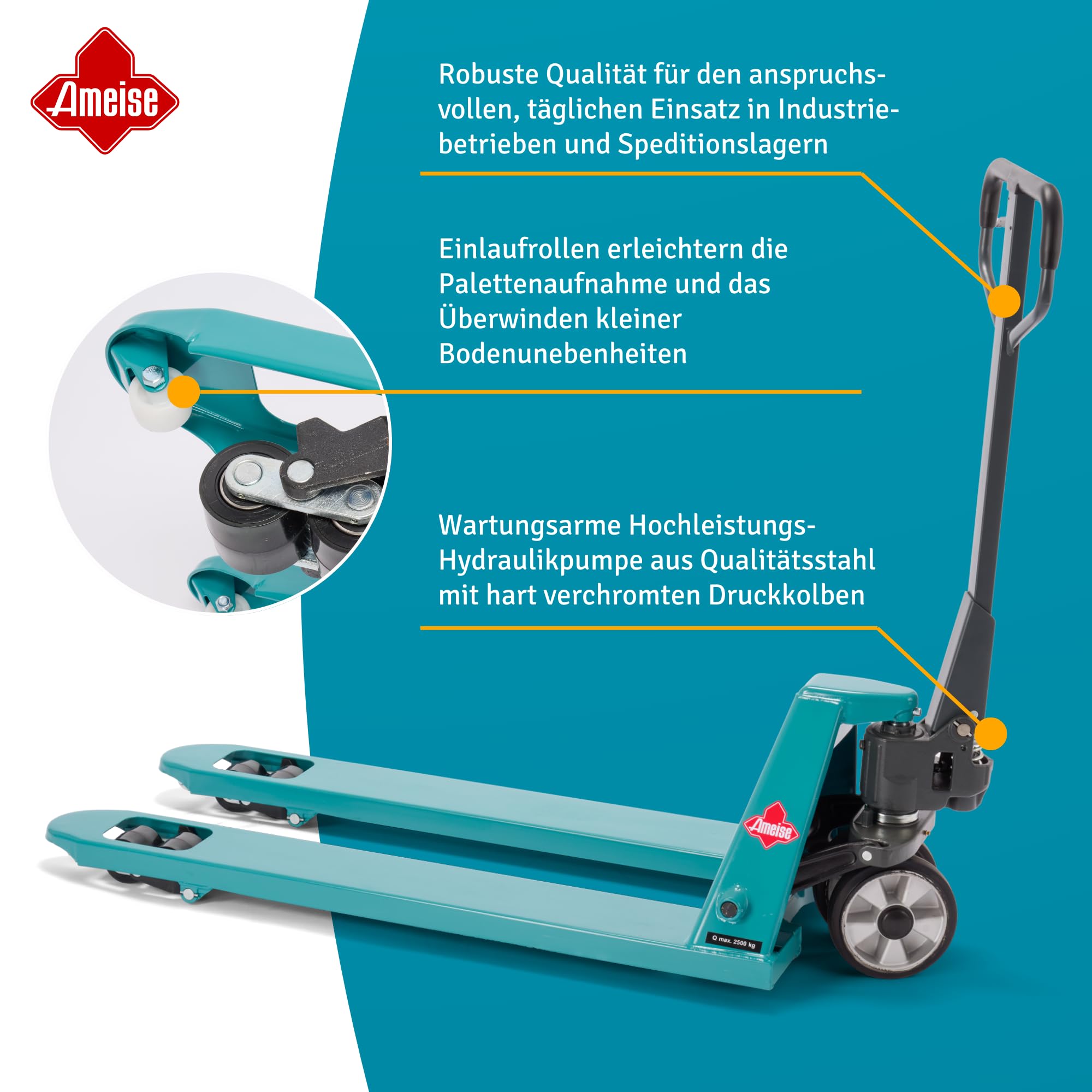 Ameise Hubwagen PTM | 2.500 kg Tragkraft | 1.150 mm Gabellänge | Lenkrad aus laufruhigem Vollgummi | Tandem-Gabelrollen aus robustem Polyurethan | Palettenhubwagen