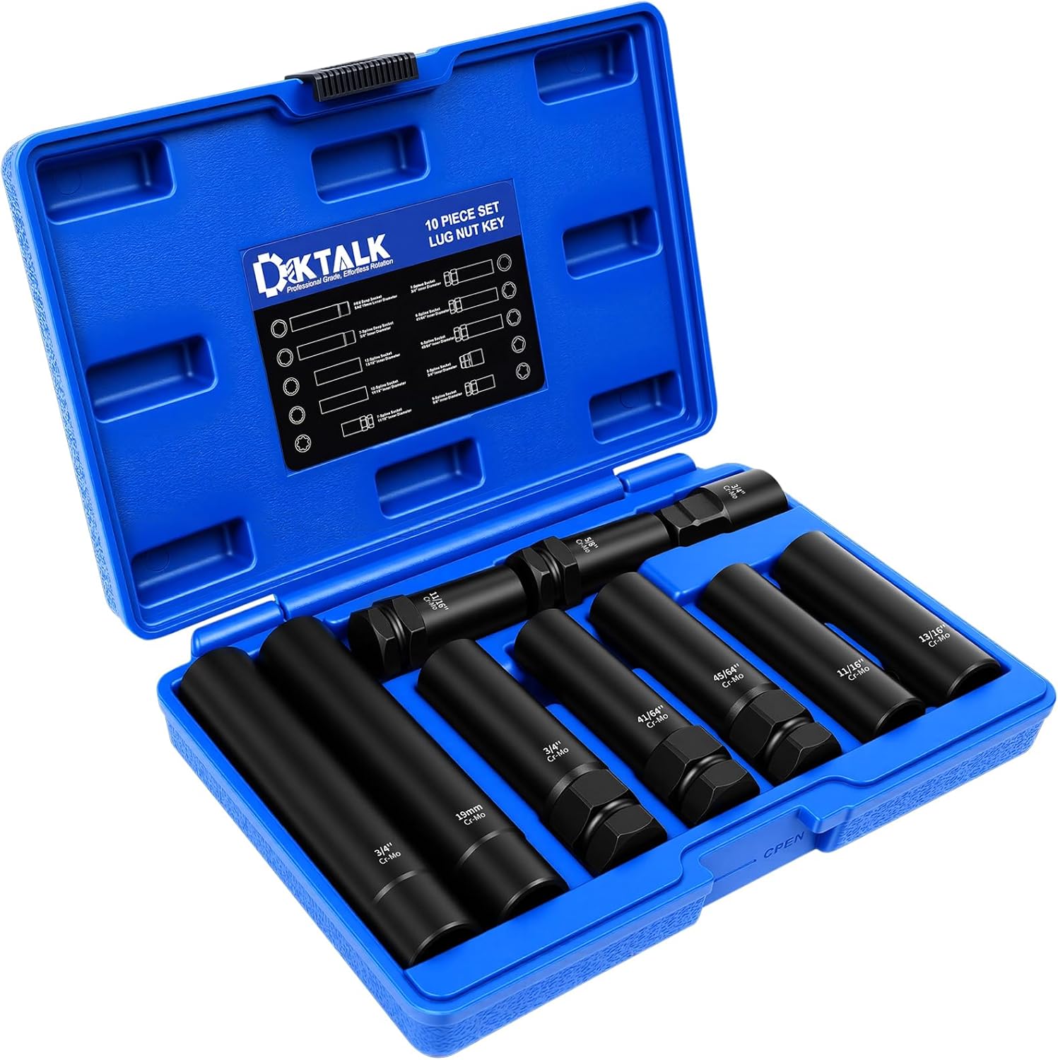 10PCS Spline Lug Nut Socket Set, Wheel Lock Removal Kit & Master Key for 5/6/7/12 Spline Locking Nuts with SAE 19mm Hex Deep Socket, Cr-Mo Steel