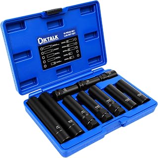 10PCS Spline Lug Nut Socket Set, Wheel Lock Removal Kit & Master Key for 5/6/7/12 Spline Locking Nuts with SAE 19mm Hex Deep Socket, Cr-Mo Steel