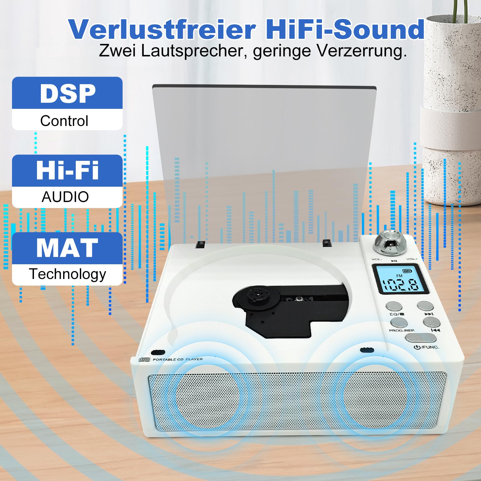 Tragbarer CD-Player mit Bluetooth 5.3 Sender & Empfänger, 4000mAh Akku, HiFi-Sound, USB/TF/AUX, LED-Display, Fernbedienung für Haus/Auto/Geschenk