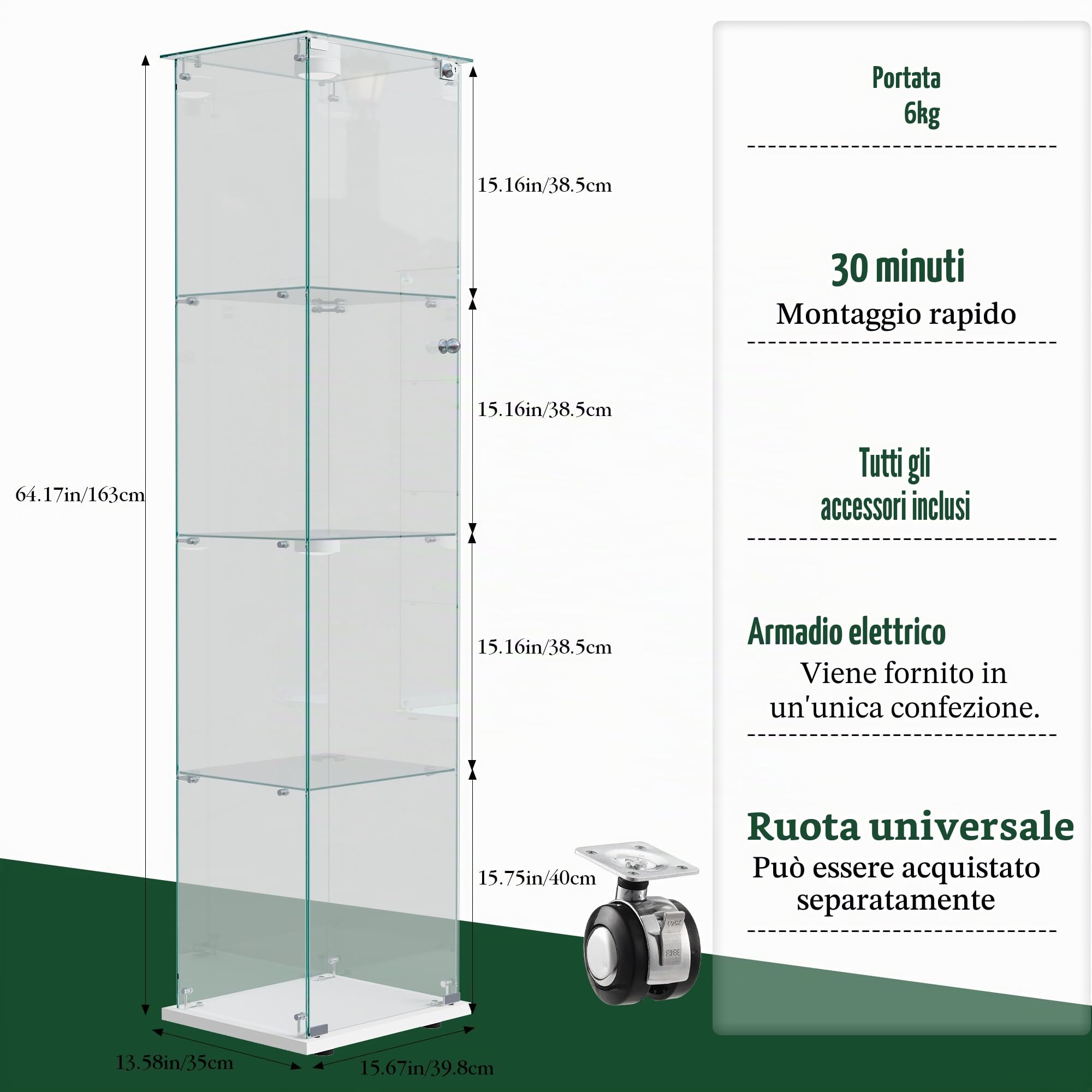 Vetrina in Vetro 163 x 40 x 35 cm a 4 Ripiani a 1 Ante, vetrina su Base con LED, Armadio da Collezione Moderno per Soggiorno, Camera da Letto, Ufficio (Bianco+Porta Singola + luci di Pat)