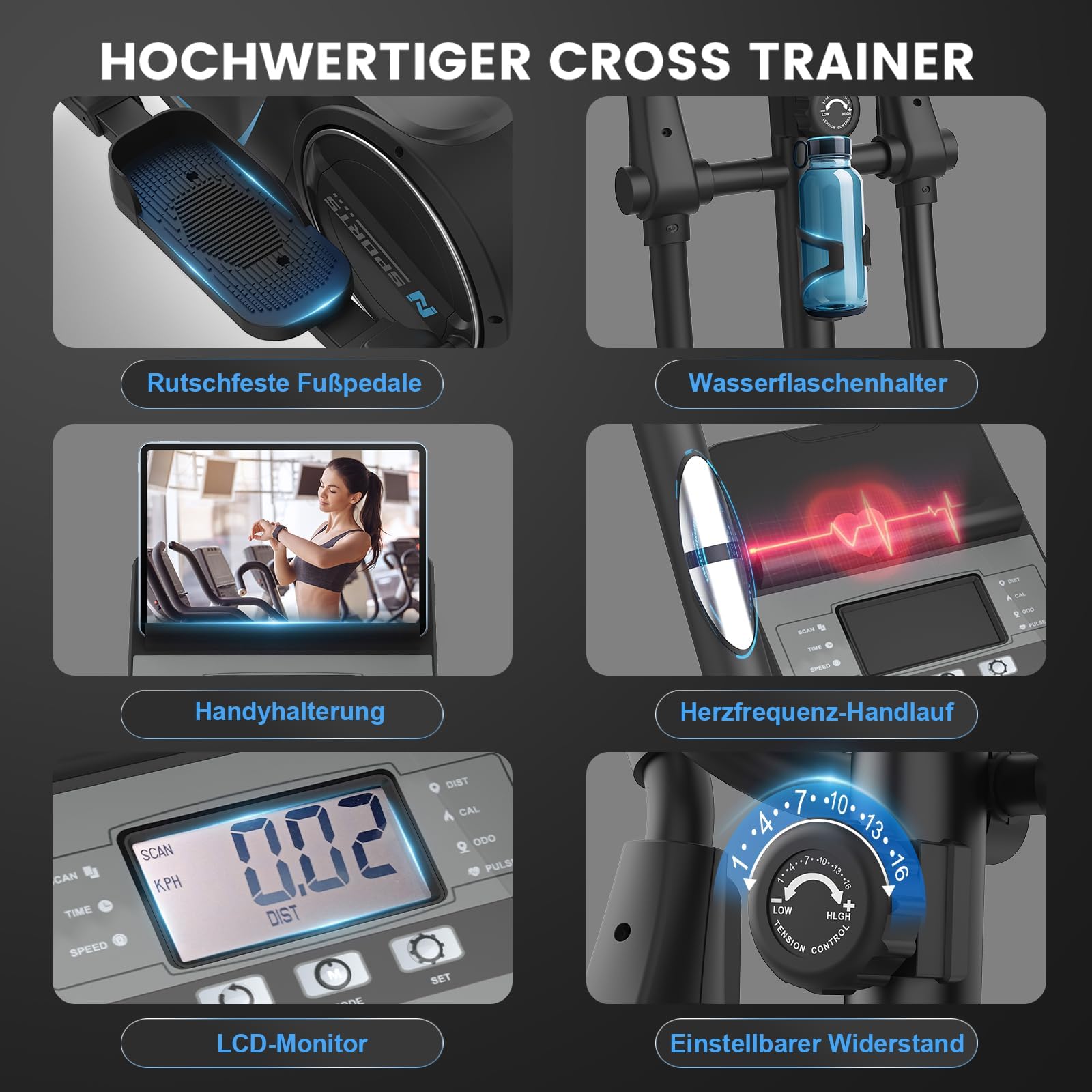 Crosstrainer 3-in-1 Magnetischer Ellipsentrainer 16 Widerstandsstufen LCD-Monitor 8 kg Schwungrad 42 cm Schrittlänge 150 kg