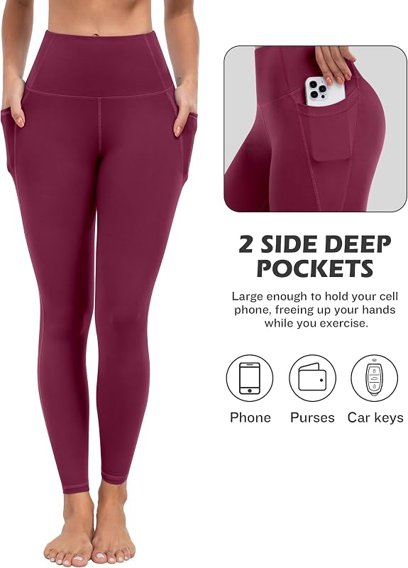 ATHVOTAR Leggings with Pockets for Women, 7 Packs High Waisted Workout Tummy Control Yoga Pants Black/Gray/Navy/Burgundy/Army Green/Dark Brown/Cassis L image 3