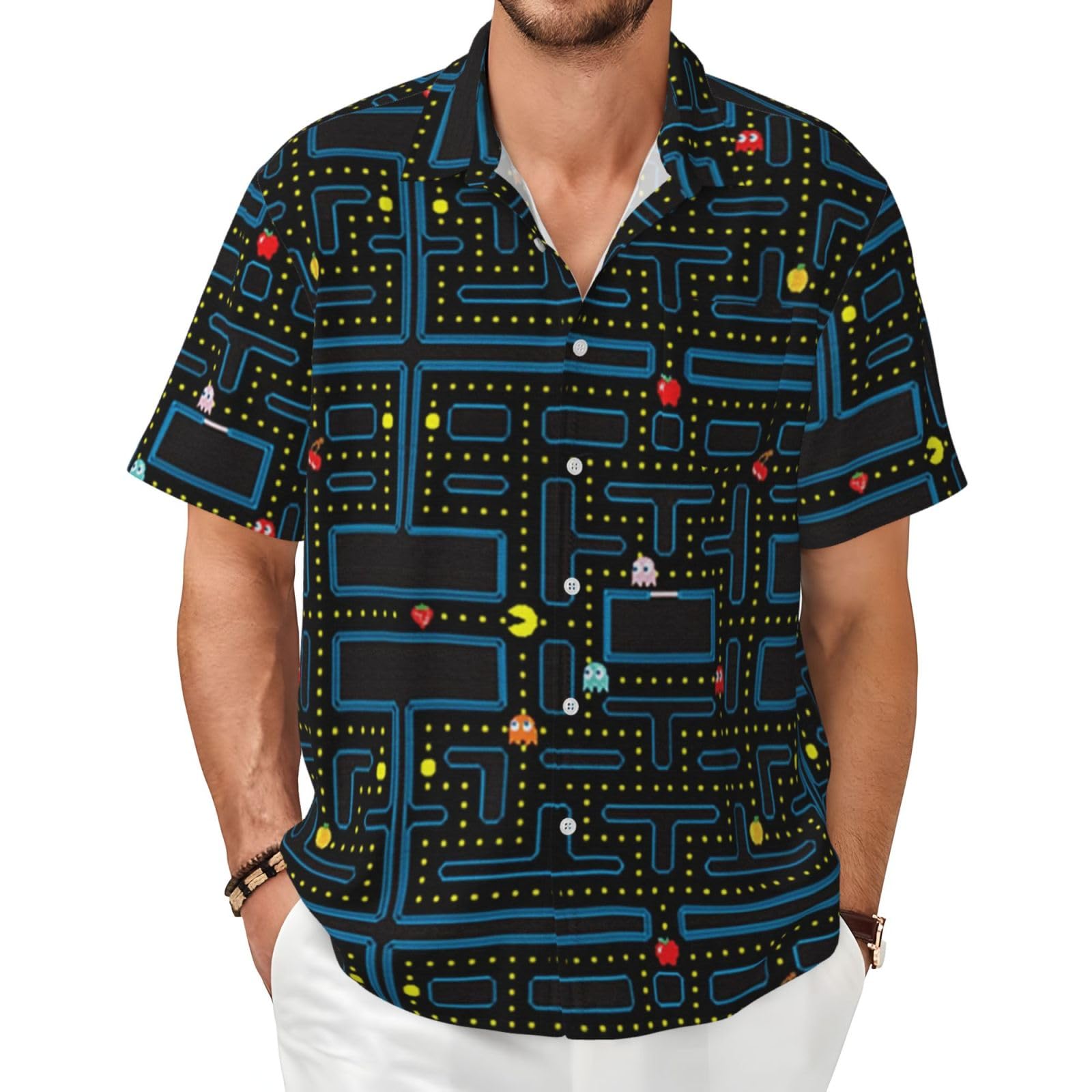 XIAKU Ohio State Gray Men's Shirts Short Sleeve Casual Fashion Polo Button Down Shirt for Men Beach Summer Wedding Pocket, Retro Video Game Pattern, XL