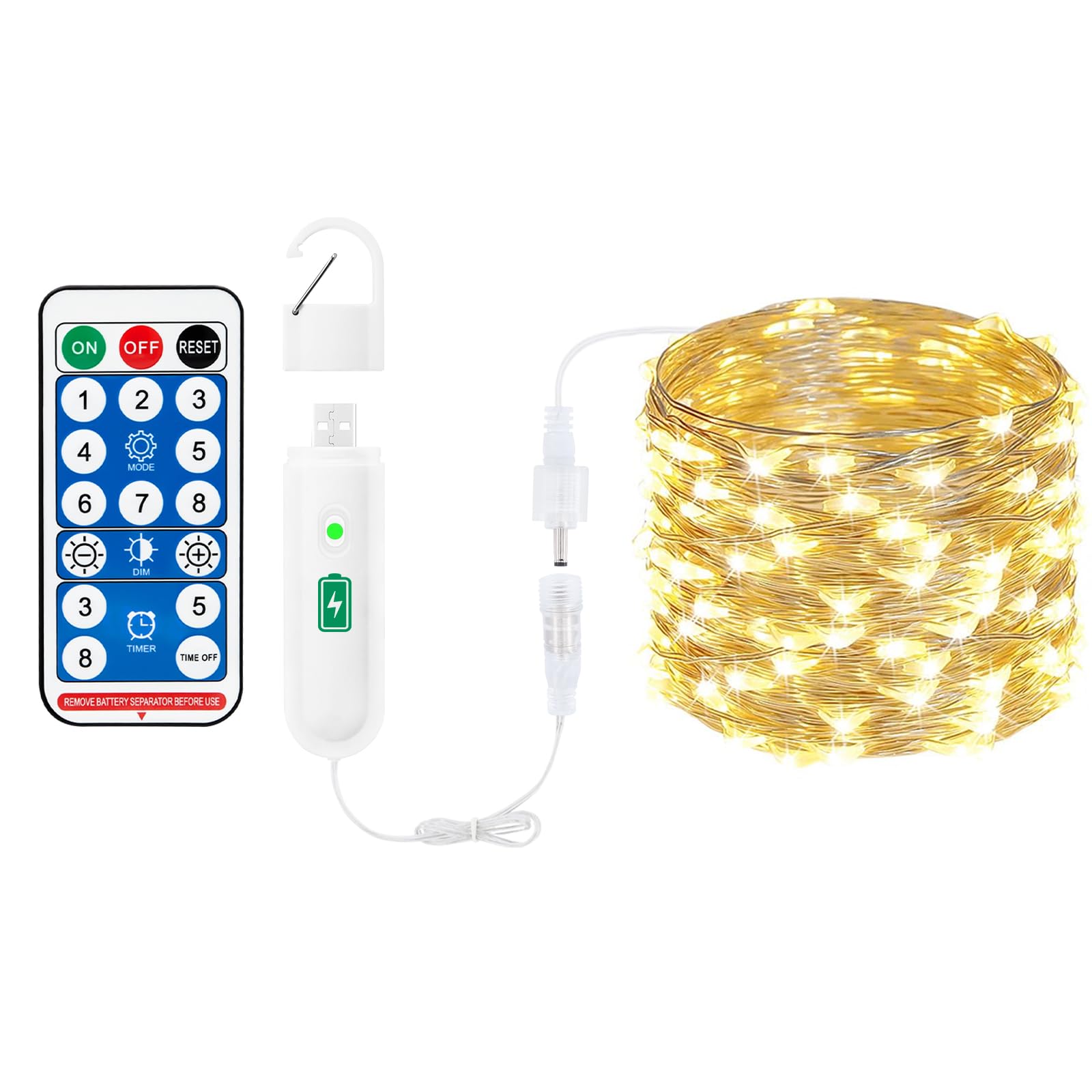Bigzom Lichterkette Wiederaufladbar Batterie,10m 100LEDs Lichterkette mit Fernbedienung 8 Modi Timer USB-Ladeschnittstelle, Lichterkette für Innen Außen,Weihnachten,Party,Hochzeit Deko (Warmweiß)