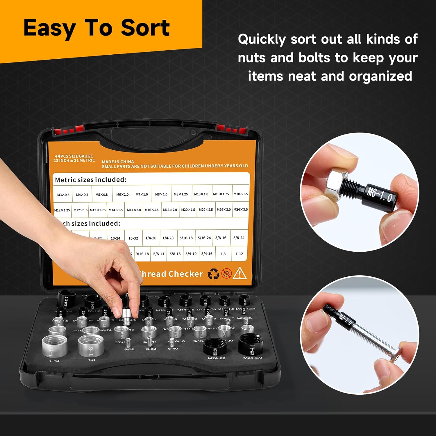 44Pcs Nut and Bolt Thread Checker Standard, Tuykay Thread Gauge Bolt Size Finder 23 Inch & 21 Metric Sizes with Metal Thickness Gauge for Detecting Fixed Bolts