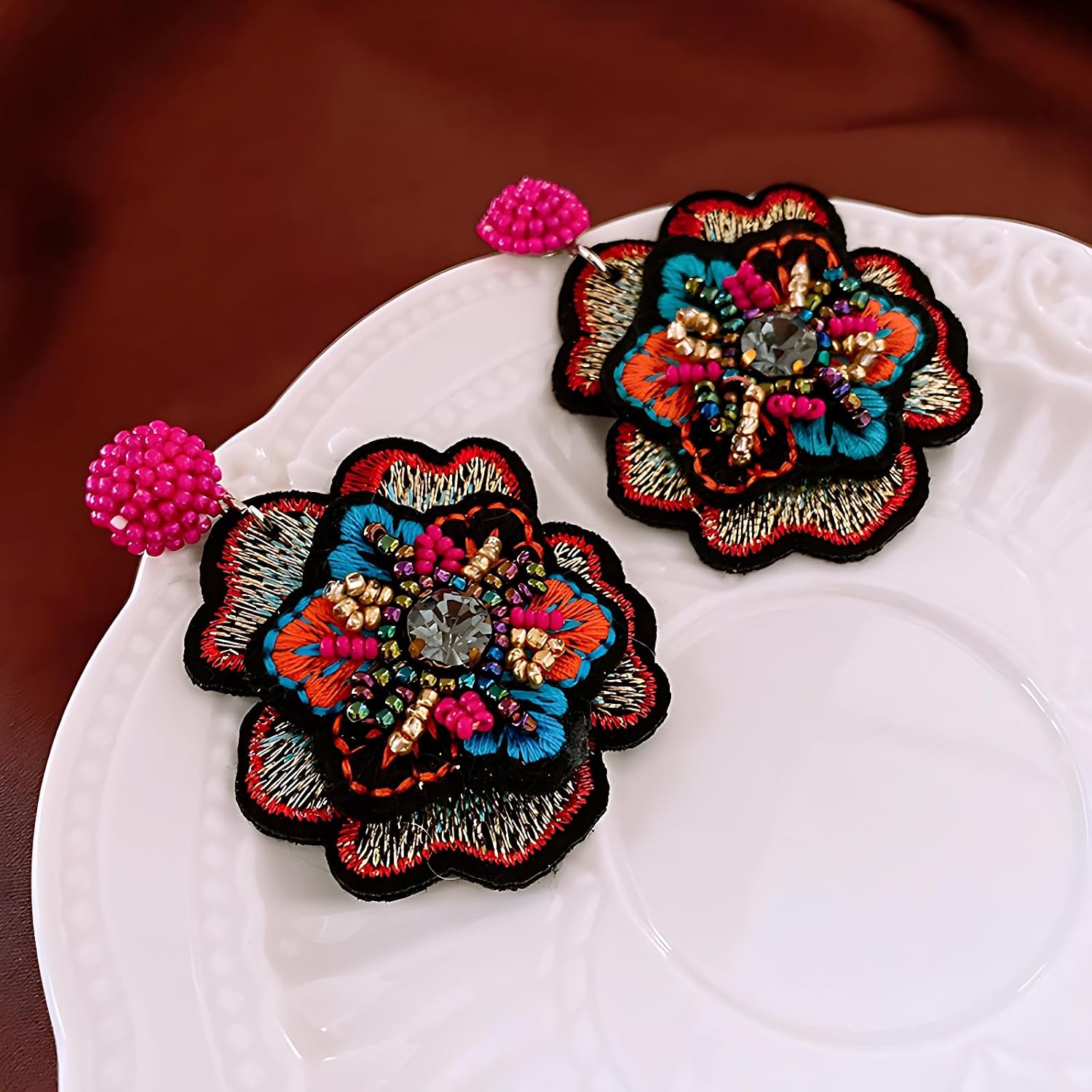Boho Floral Embroidered Earrings with Colorful Bead Accents and Crystal Center for Women