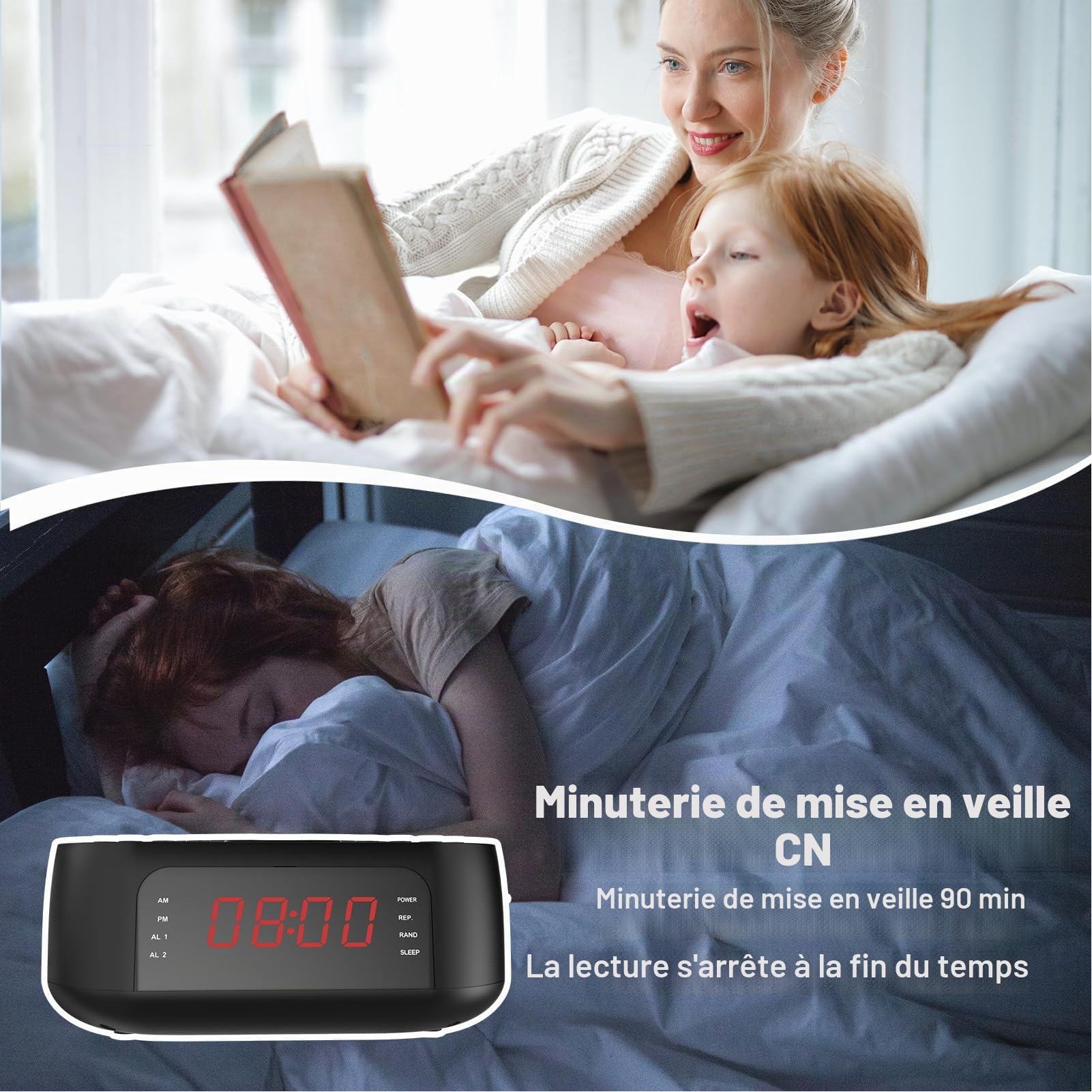 Zunate Lecteur CD Audio, Lecteur de Musique CD Portable avec Réveil, Chargement USB, Affichage à intensité Variable, Radio Bluetooth de Bureau avec Haut-Parleur, Télécommande pour (Prise UE)