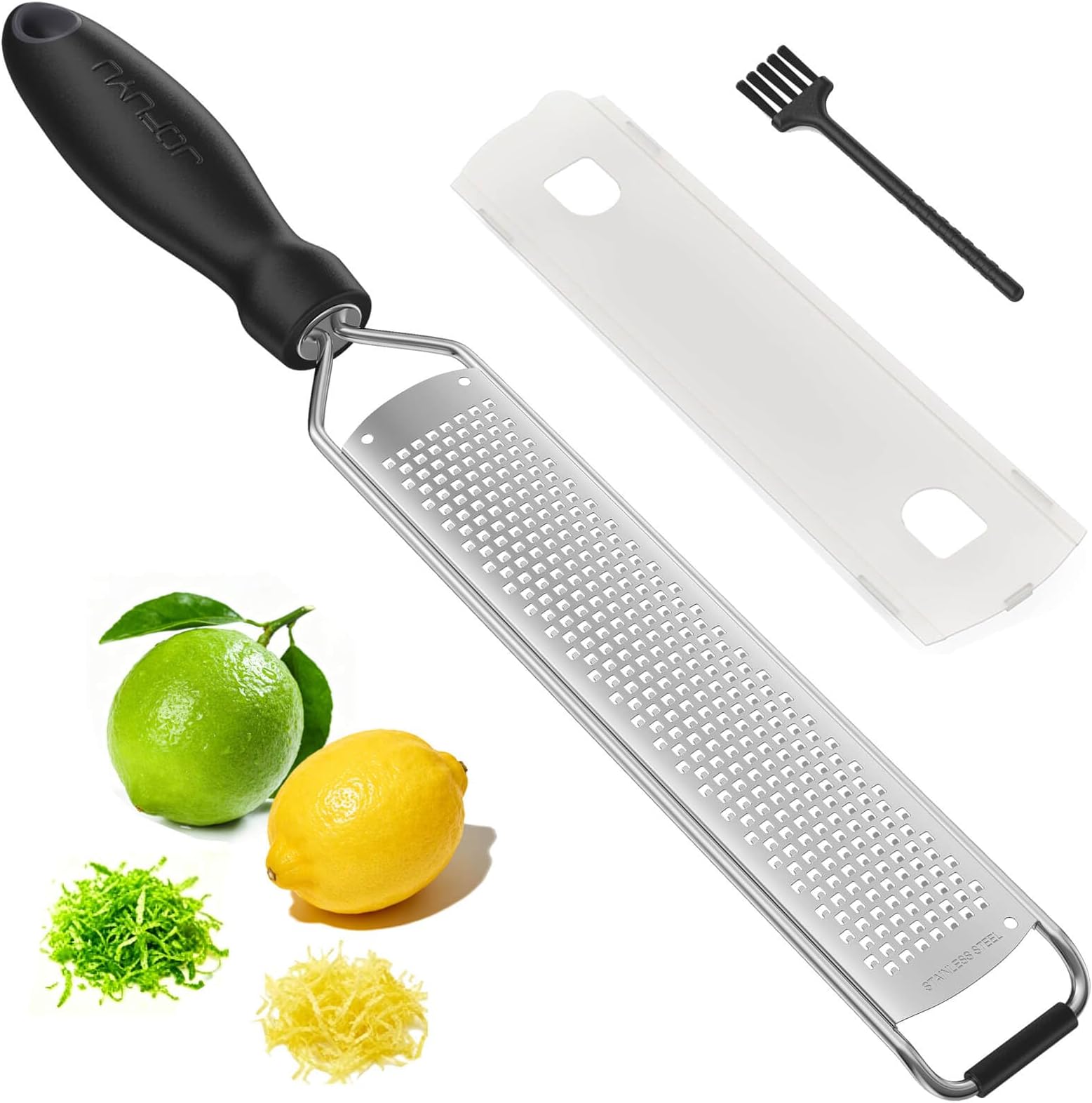 Zester Grater, Lemon Zester Grater with Handle, Premium Stainless Steel Citrus Zester for Parmesan, Garlic, Chocolate, Ginger, Non-Slip Grip, Safety Cover & Cleaning Brush, Black